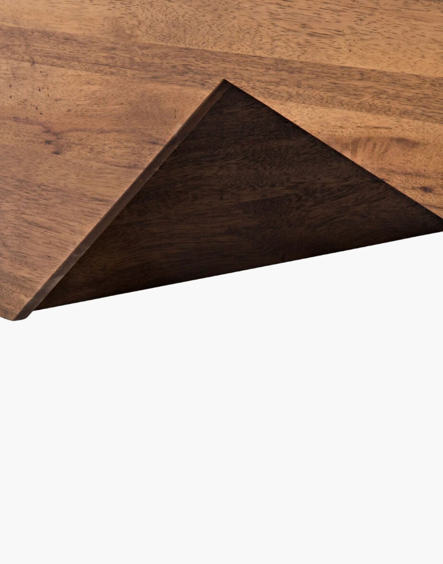 Walnut Coffee Table with a Dark Walnut Finish and a base that is all edges and angles.