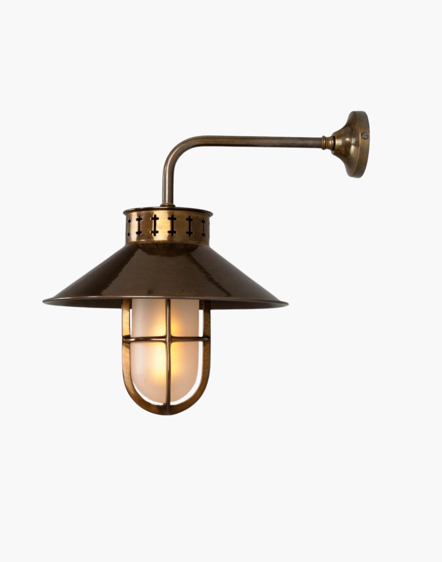 Vintage Industrial Well Glass Wall Sconce brass cage, prismatic glass shade, warm directional lighting for hallways, kitchens, and cafés