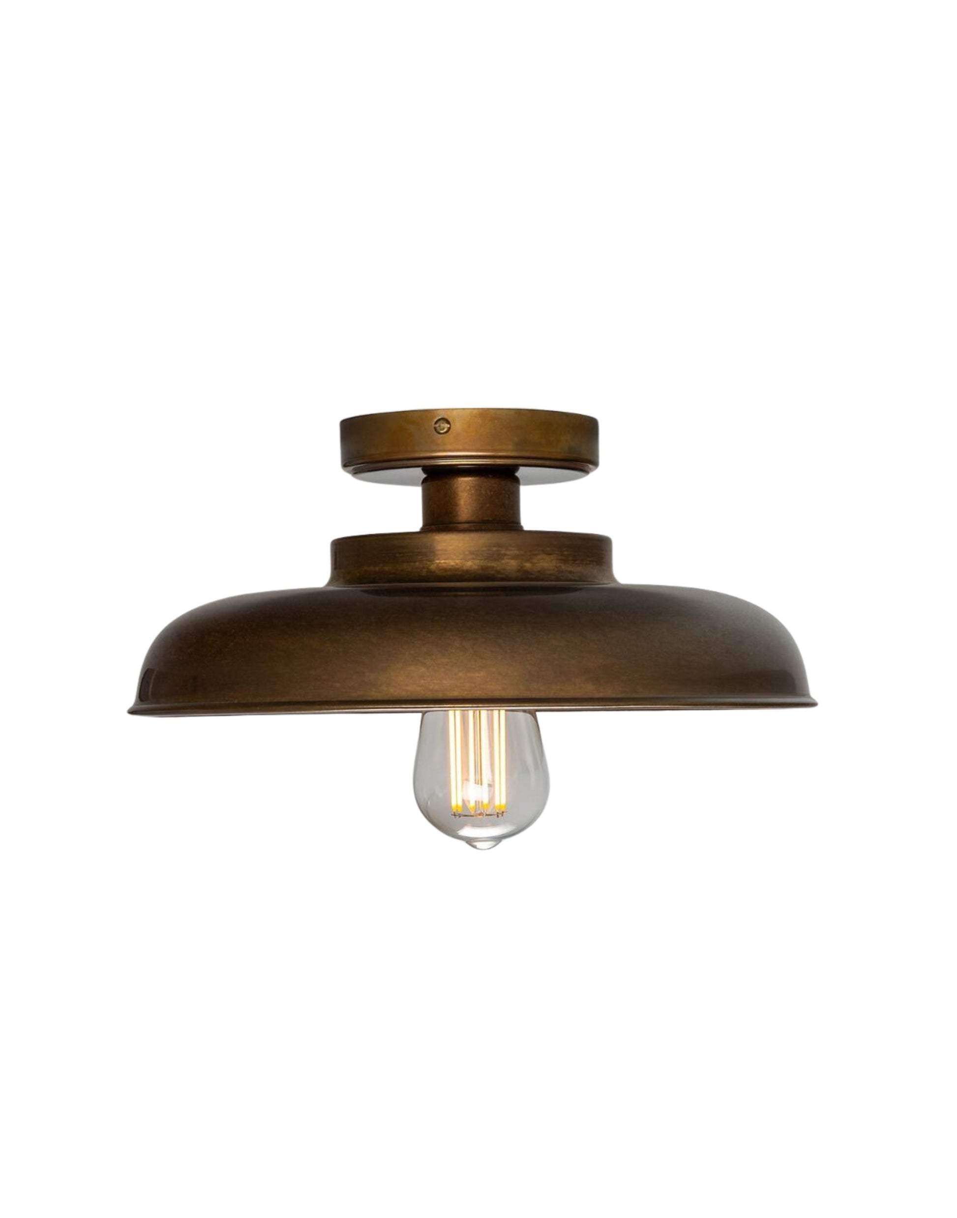 Ceiling Fitting in brass with shallow open shade, vintage-inspired design, suitable for kitchens, entryways, and contemporary or traditional interiors.
