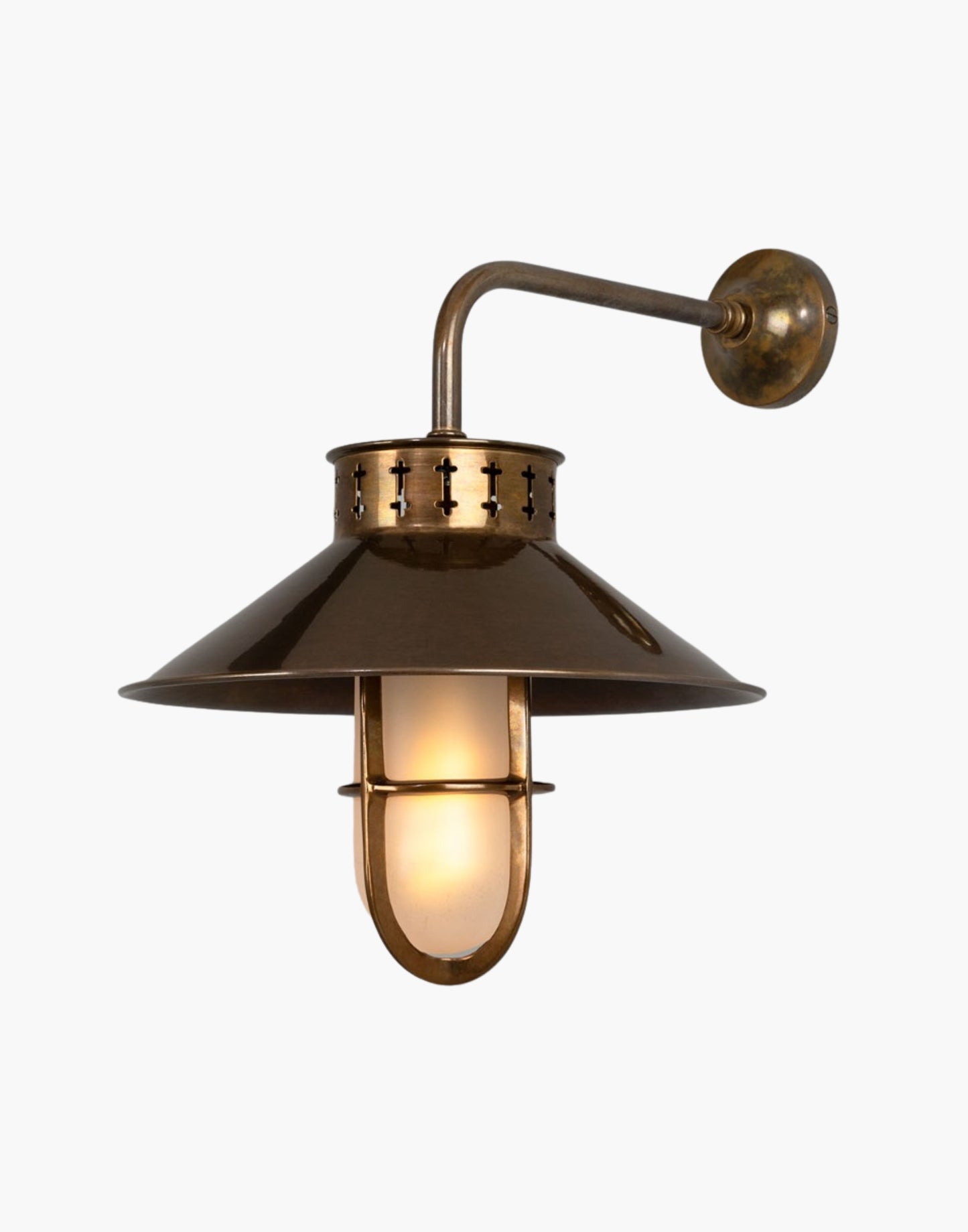 Vintage Industrial Well Glass Wall Sconce brass cage, prismatic glass shade, warm directional lighting for hallways, kitchens, and cafés