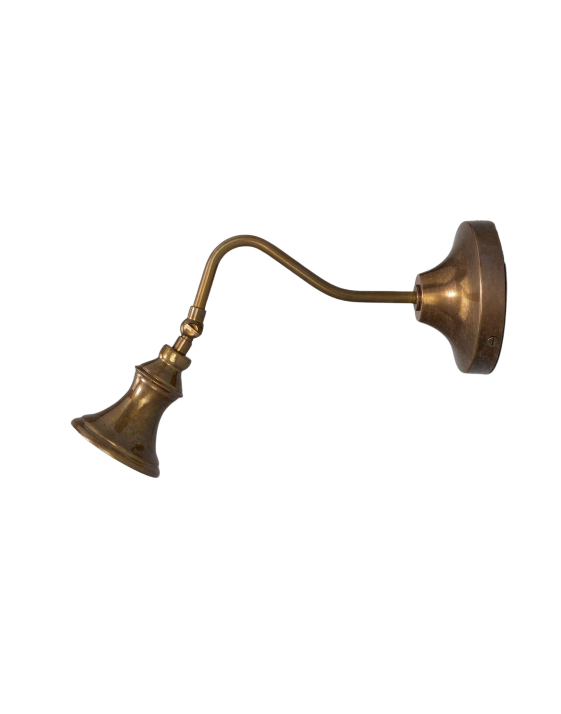 Wall Light adjustable brass spotlight with flared shade and curved arm, designed to highlight artwork, architectural details, or accent lighting in dry interior spaces.