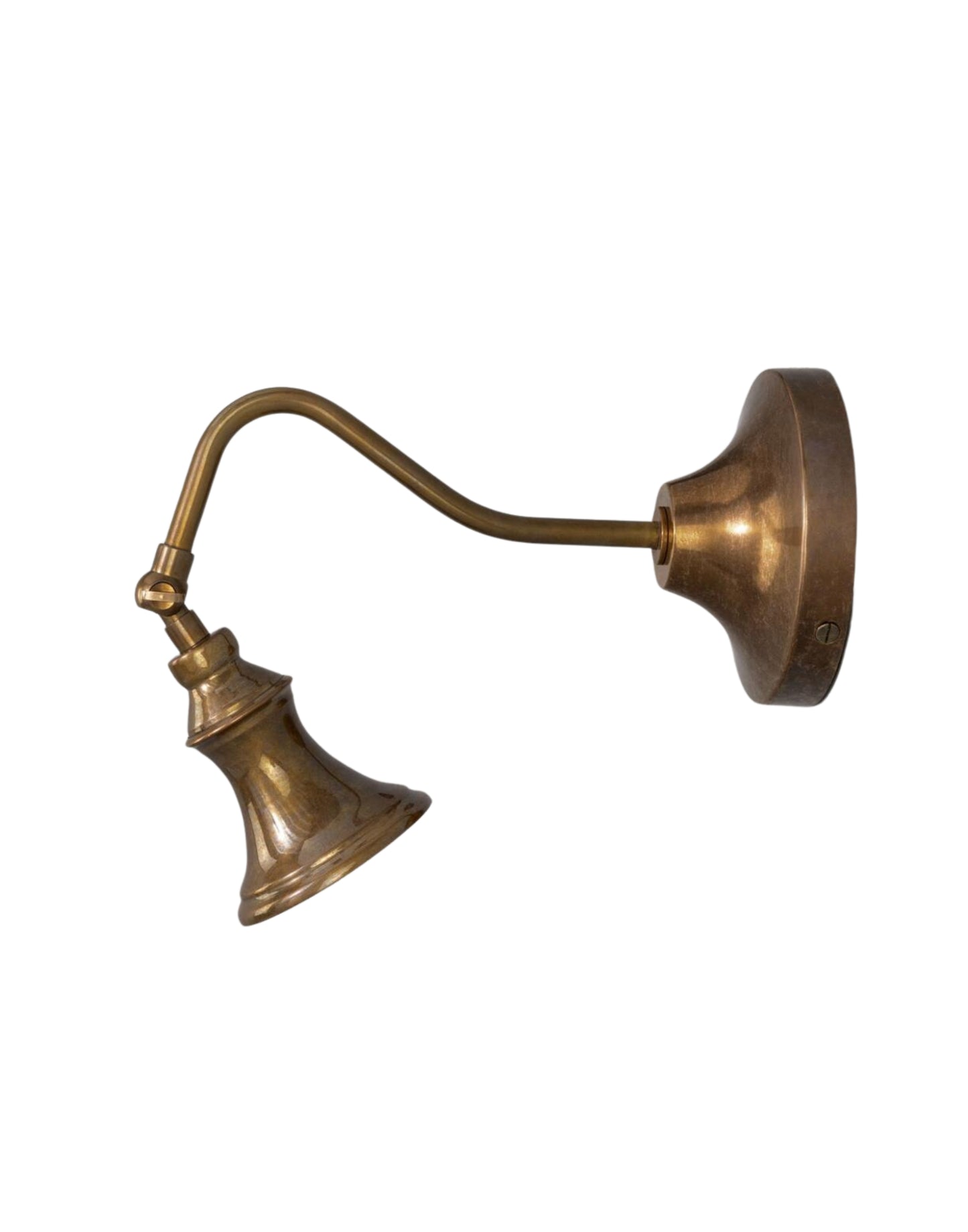 Wall Light adjustable brass spotlight with flared shade and curved arm, designed to highlight artwork, architectural details, or accent lighting in dry interior spaces.