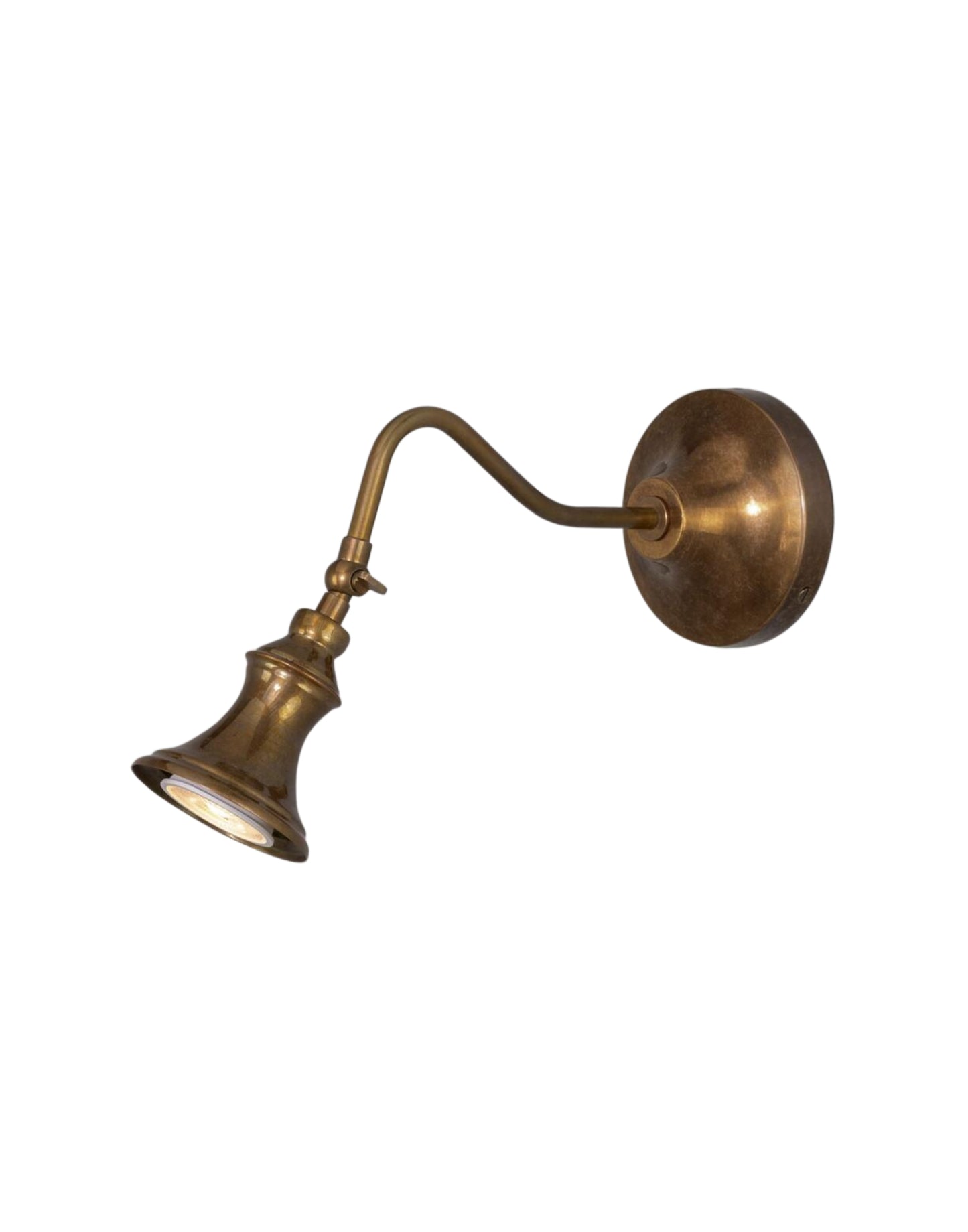 Wall Light adjustable brass spotlight with flared shade and curved arm, designed to highlight artwork, architectural details, or accent lighting in dry interior spaces.
