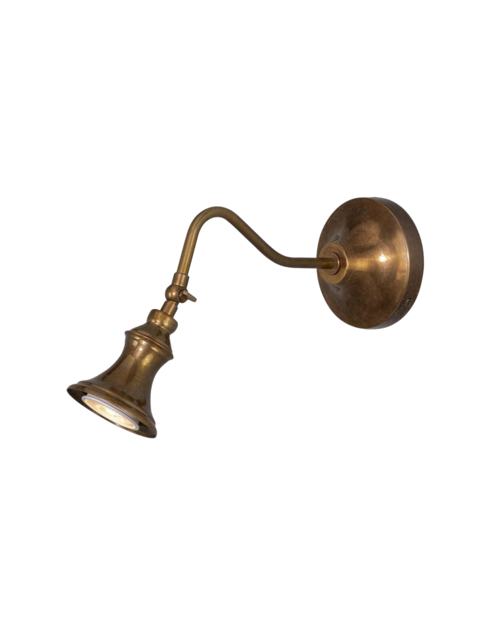 Wall Light adjustable brass spotlight with flared shade and curved arm, designed to highlight artwork, architectural details, or accent lighting in dry interior spaces.
