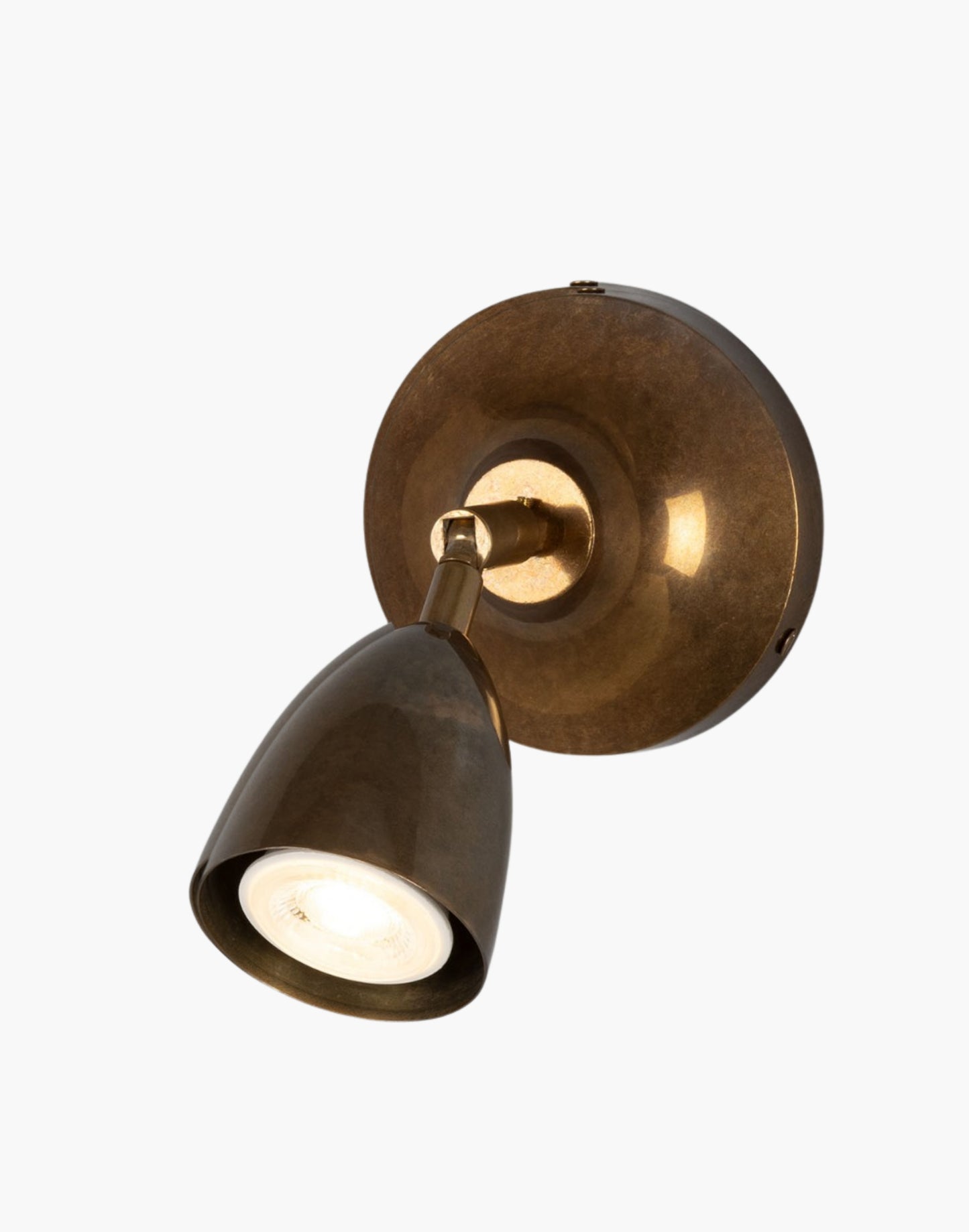Brass Vintage Wall Spotlight adjustable head, compact brass design, GU10 LED task lighting for bedrooms, offices, and living spaces