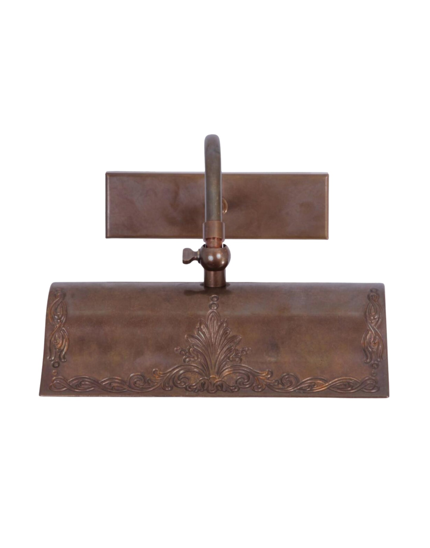 Brass picture light wall fixture for artwork lighting with adjustable swivel arms.