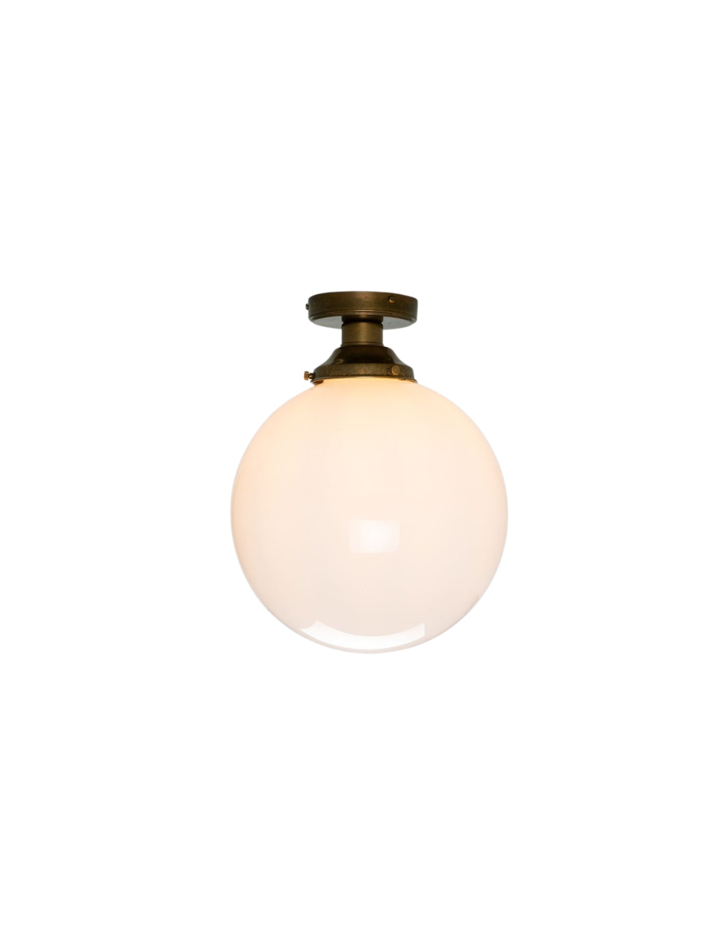 Opal glass globe ceiling light with brass fittings, flush mount, ambient lighting for hallways, kitchens, and bedrooms.
