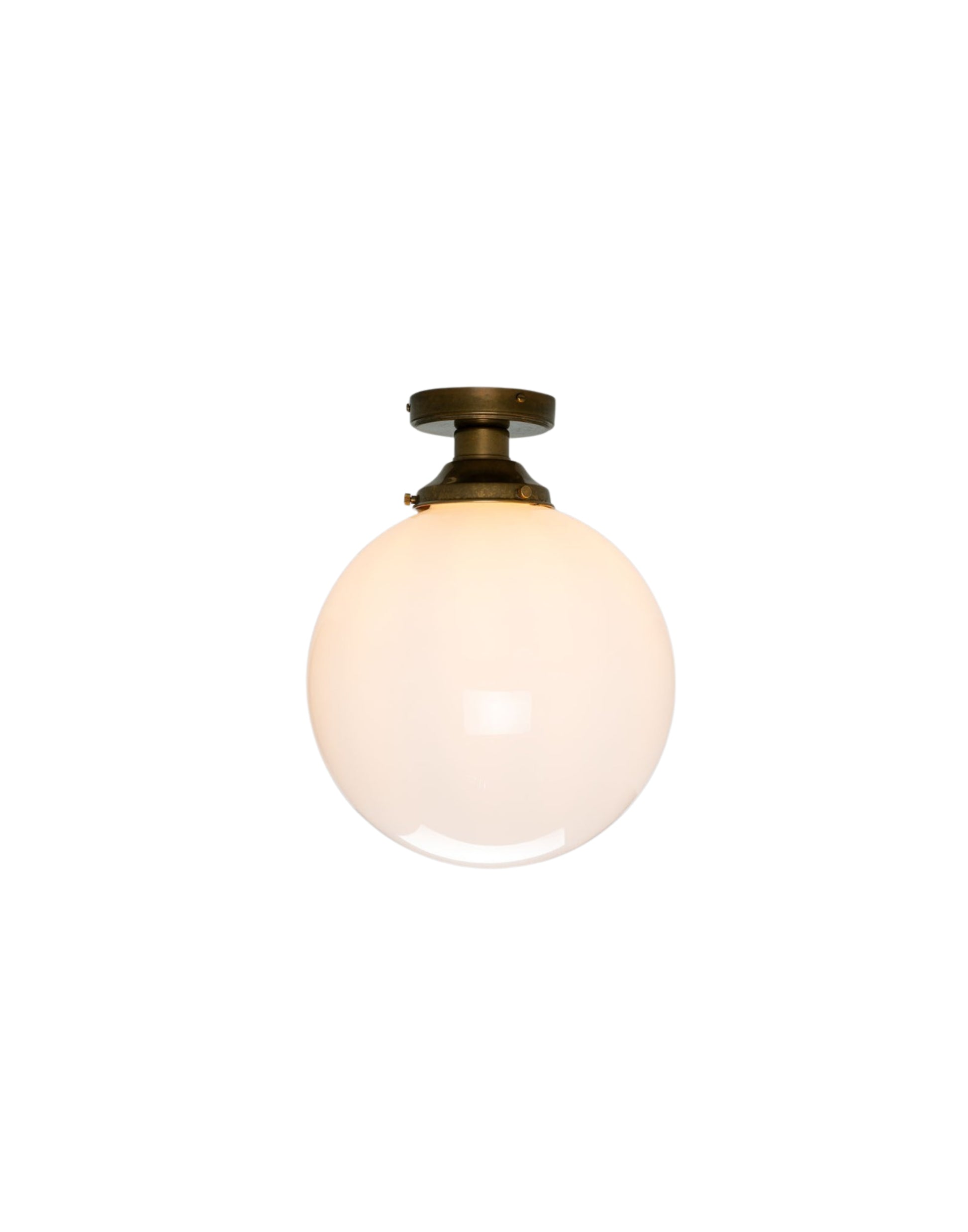 Opal glass globe ceiling light with brass fittings, flush mount, ambient lighting for hallways, kitchens, and bedrooms.