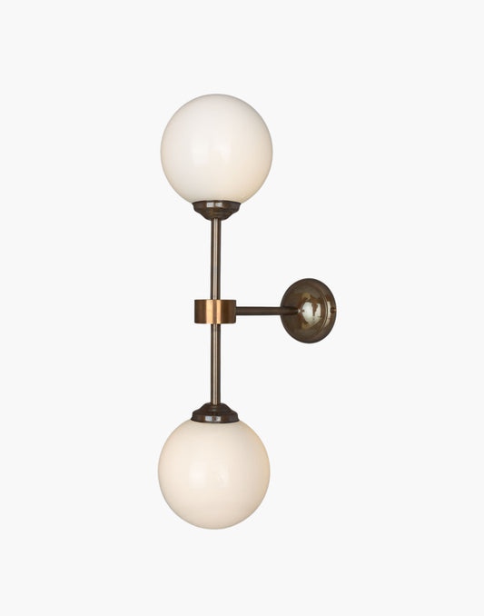 Double Globe Wall Sconce brass frame, two opal glass globes, soft ambient lighting for hallways, living rooms, or boutique hotels