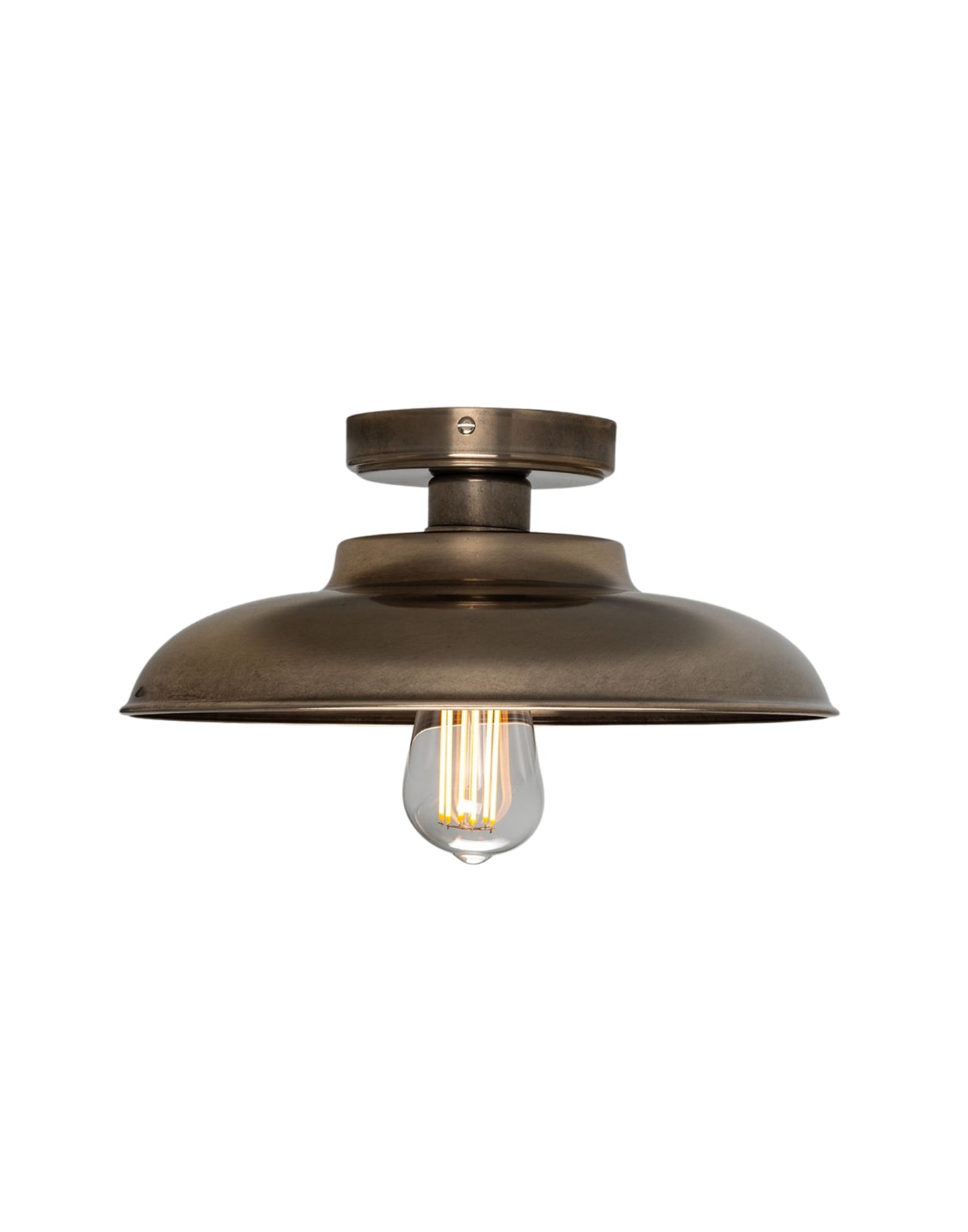 Ceiling Fitting in brass with shallow open shade, vintage-inspired design, suitable for kitchens, entryways, and contemporary or traditional interiors.