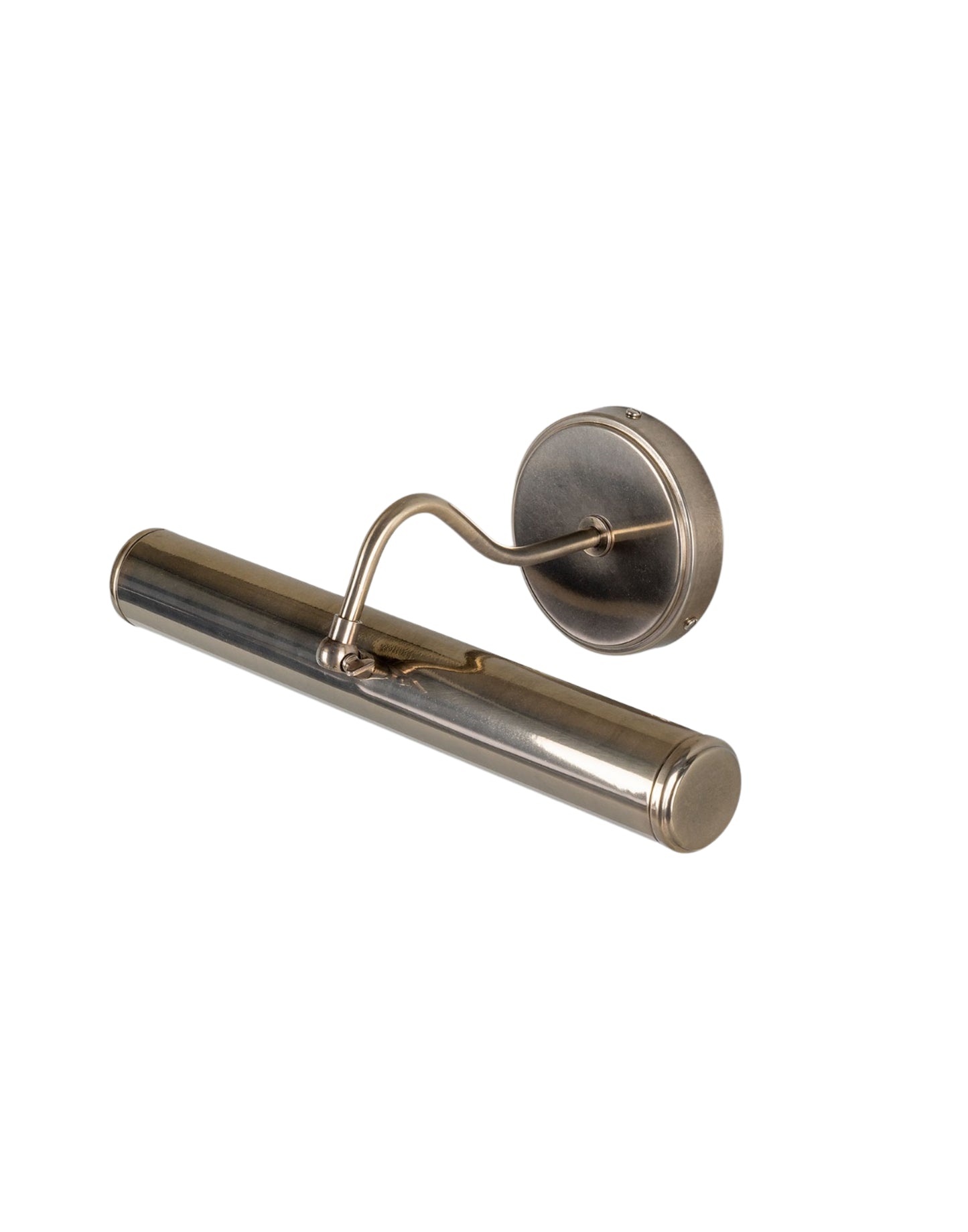 Solid brass picture light with adjustable curved arm and cylindrical shade, aged brass finish, perfect for highlighting artwork in traditional or modern interiors.