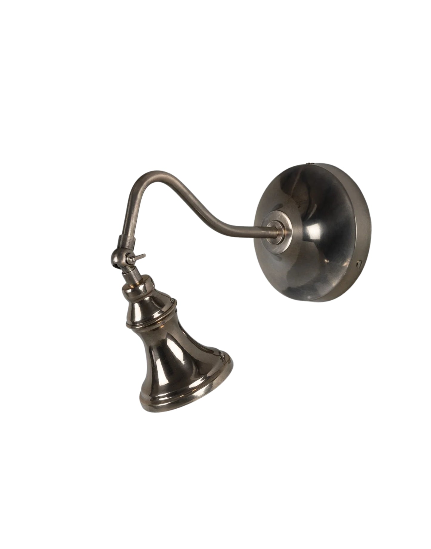 Wall Light adjustable brass spotlight with flared shade and curved arm, designed to highlight artwork, architectural details, or accent lighting in dry interior spaces.