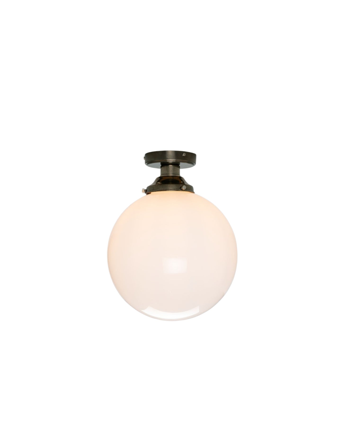 Opal glass globe ceiling light with brass fittings, flush mount, ambient lighting for hallways, kitchens, and bedrooms.