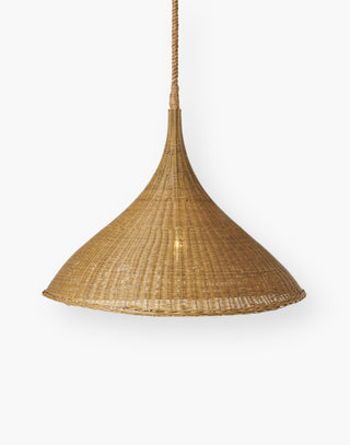 Large basket-woven indoor/outdoor pendant with a durable faux straw rattan, the flat-bottomed teardrop-shaped shade hangs from a twisted abaca rope.