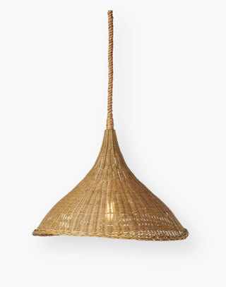 Small basket-woven indoor/outdoor pendant with a durable faux straw rattan, the flat-bottomed teardrop-shaped shade hangs from a twisted abaca rope - Small