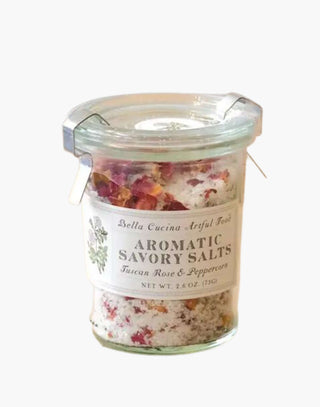 Tuscan Rose & Pink Peppercorn Savory Salt - 2.6 oz Weck Jar with European Flat Crystals, Rose Petals, and Spiced Peppercorn.
