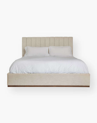 cream tufted upholstered bed performance fabric with teak base