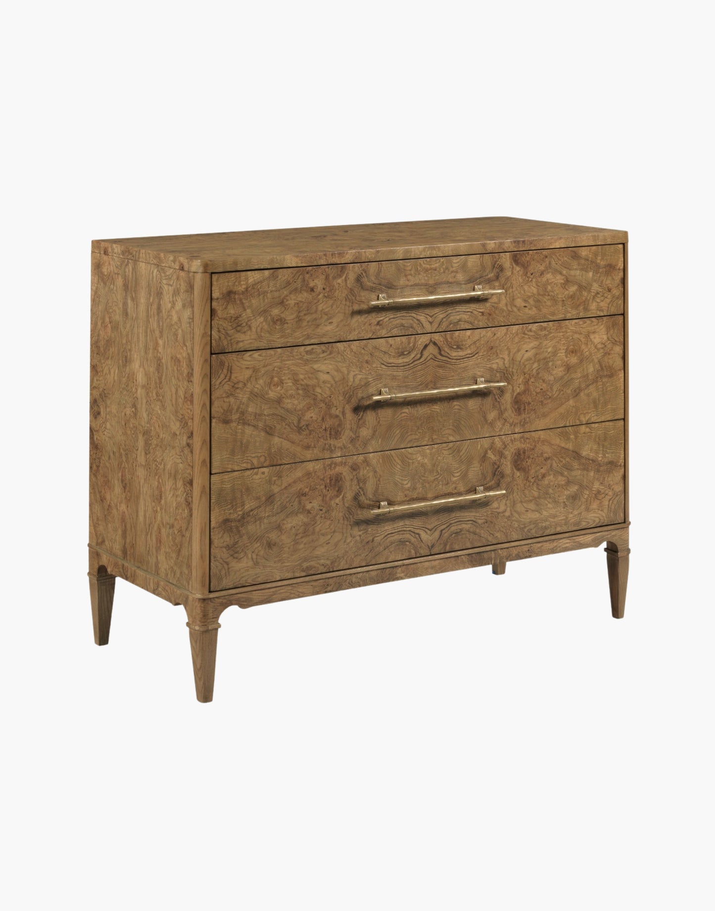 Chest in Olive Ash Burl veneer with three drawers, brass hardware, and tapered legs, suitable for bedrooms, hallways, or living rooms.