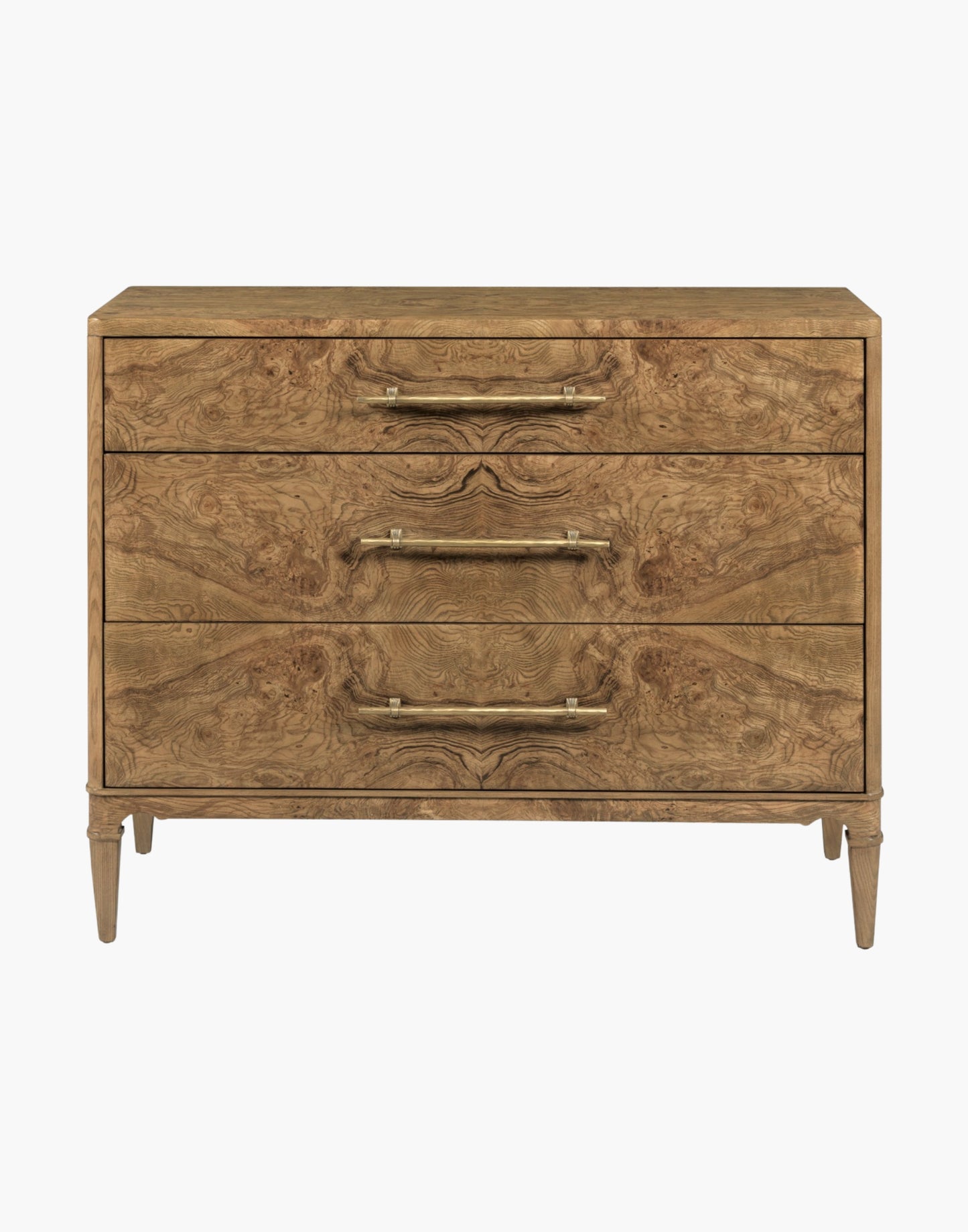 Chest in Olive Ash Burl veneer with three drawers, brass hardware, and tapered legs, suitable for bedrooms, hallways, or living rooms.