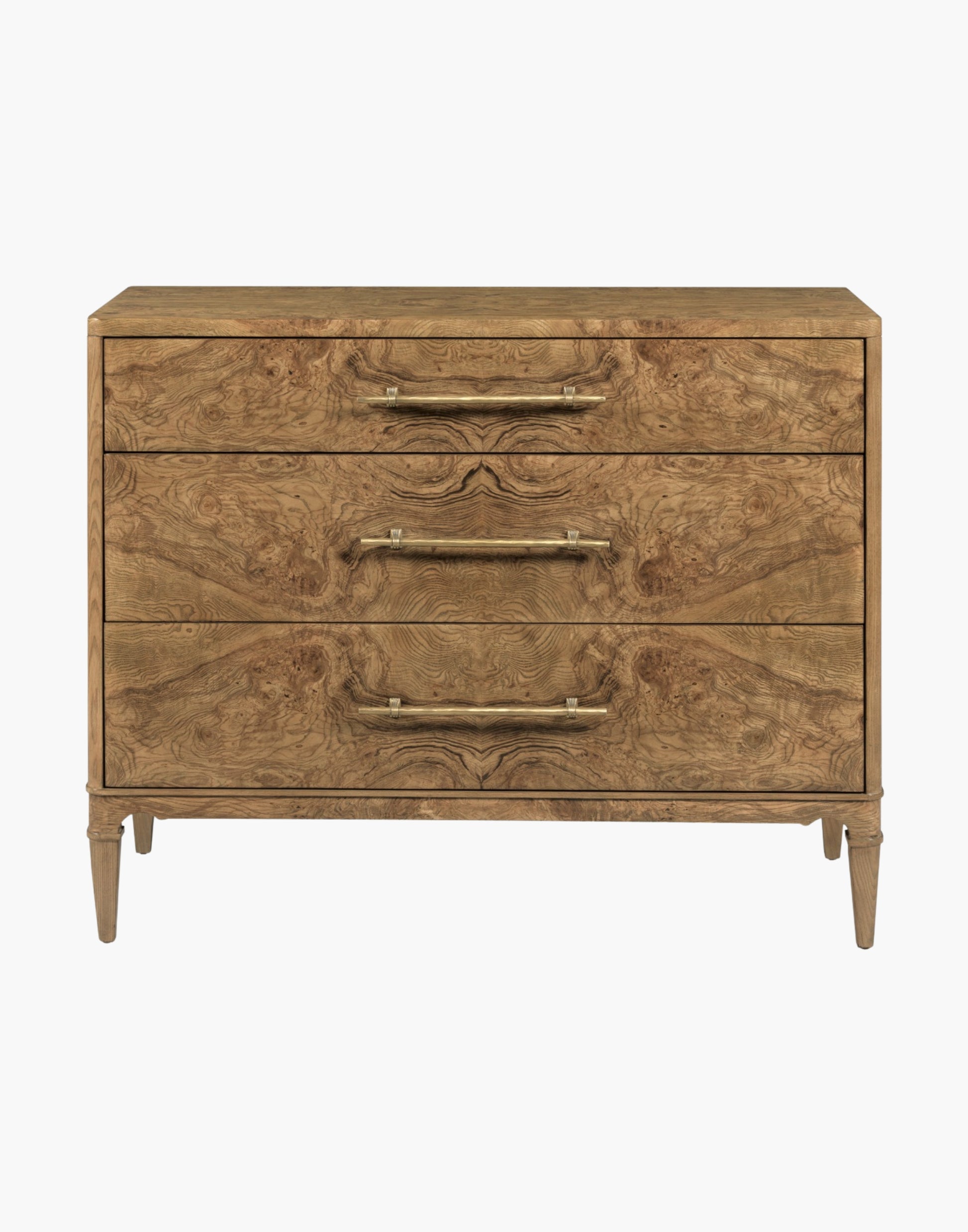 Chest in Olive Ash Burl veneer with three drawers, brass hardware, and tapered legs, suitable for bedrooms, hallways, or living rooms.