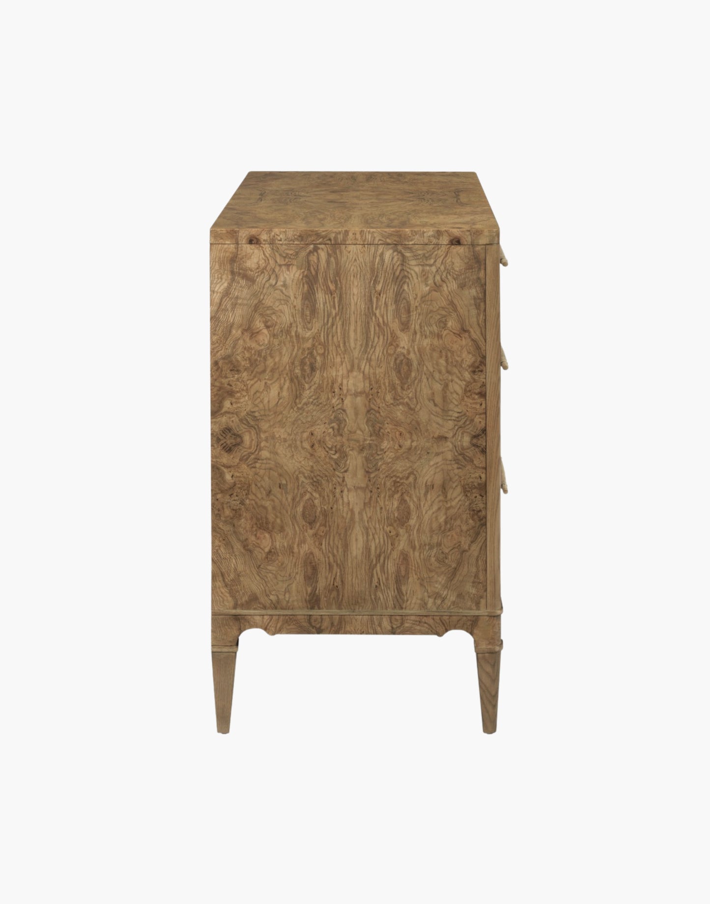 Chest in Olive Ash Burl veneer with three drawers, brass hardware, and tapered legs, suitable for bedrooms, hallways, or living rooms.