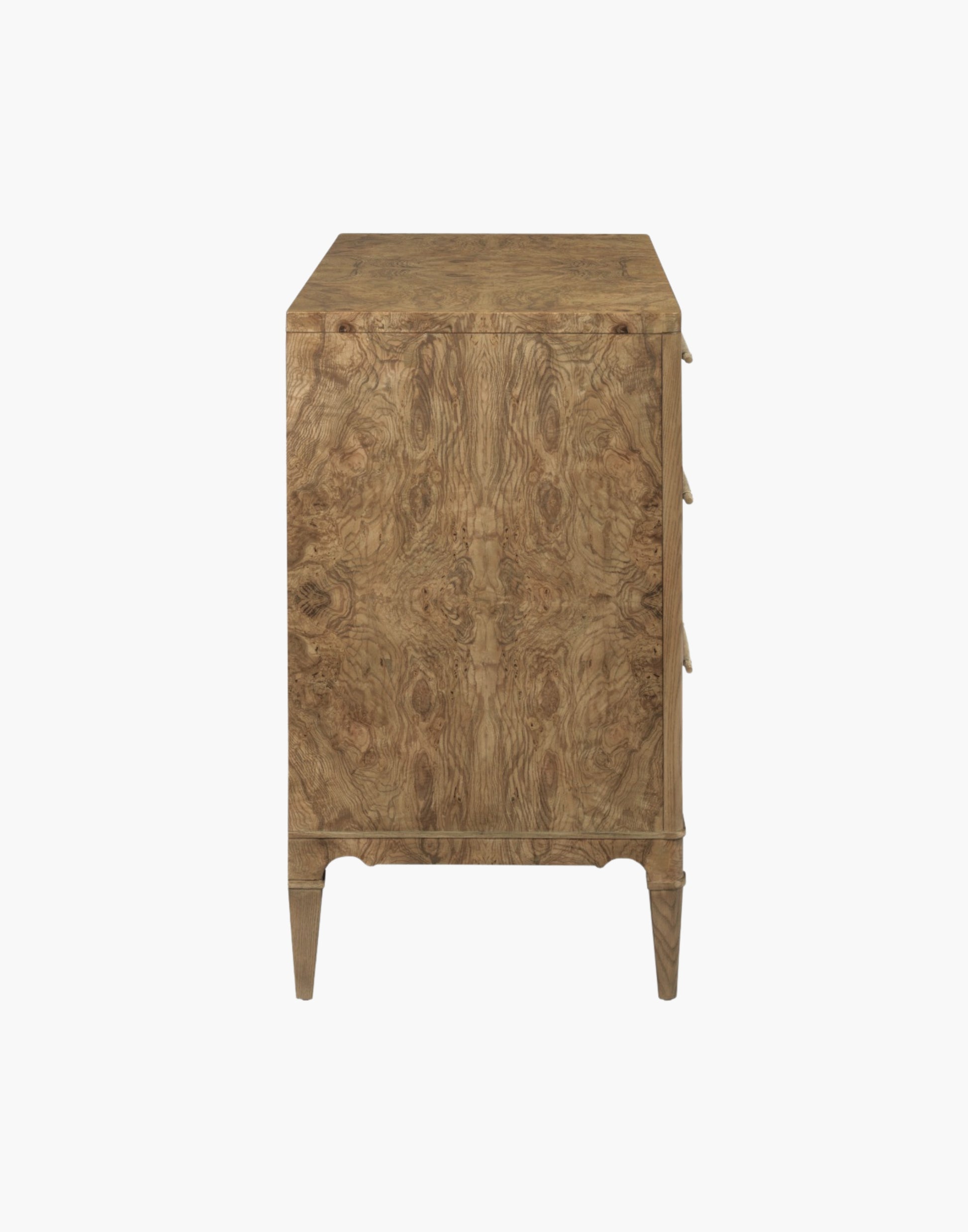 Chest in Olive Ash Burl veneer with three drawers, brass hardware, and tapered legs, suitable for bedrooms, hallways, or living rooms.