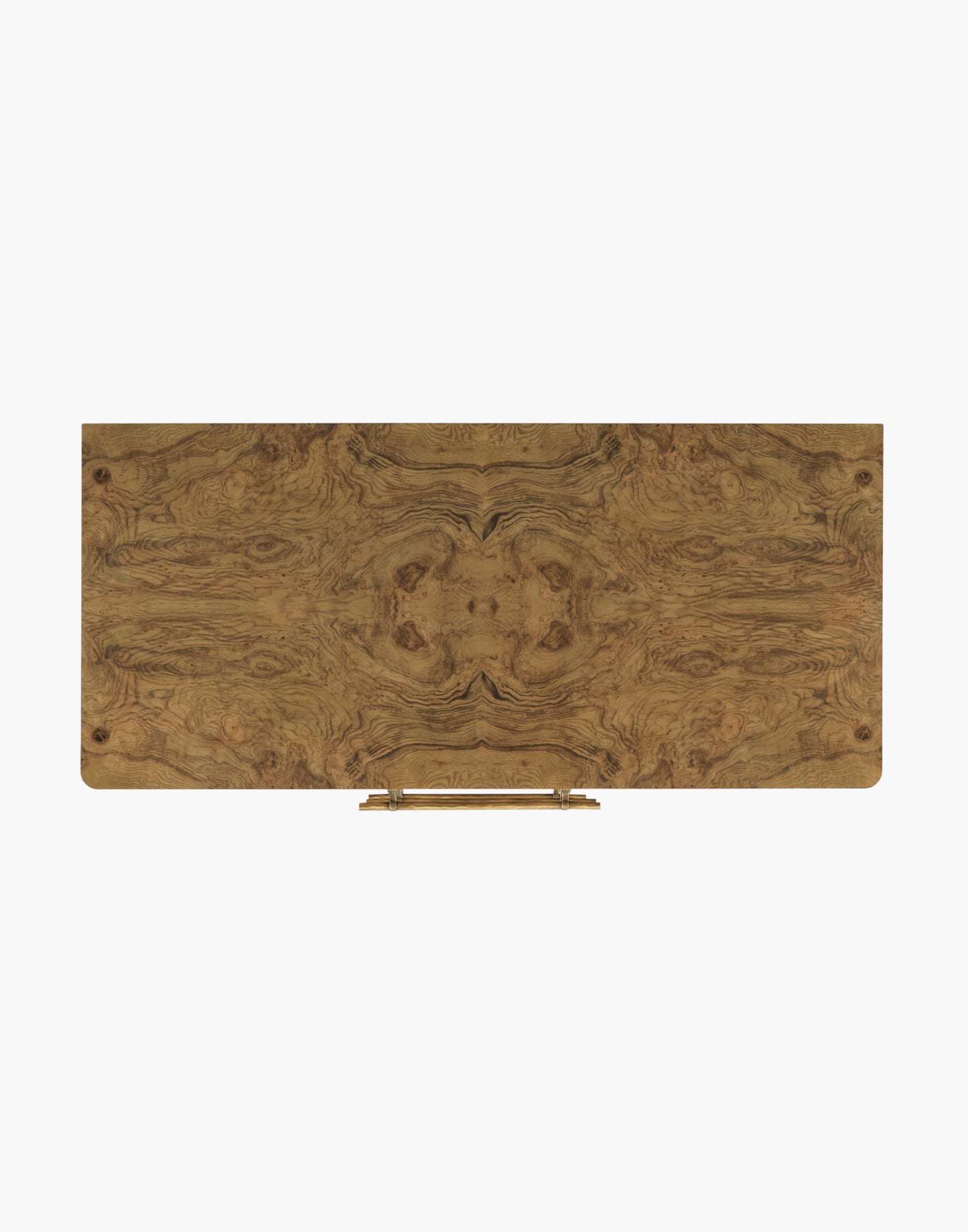 Chest in Olive Ash Burl veneer with three drawers, brass hardware, and tapered legs, suitable for bedrooms, hallways, or living rooms.