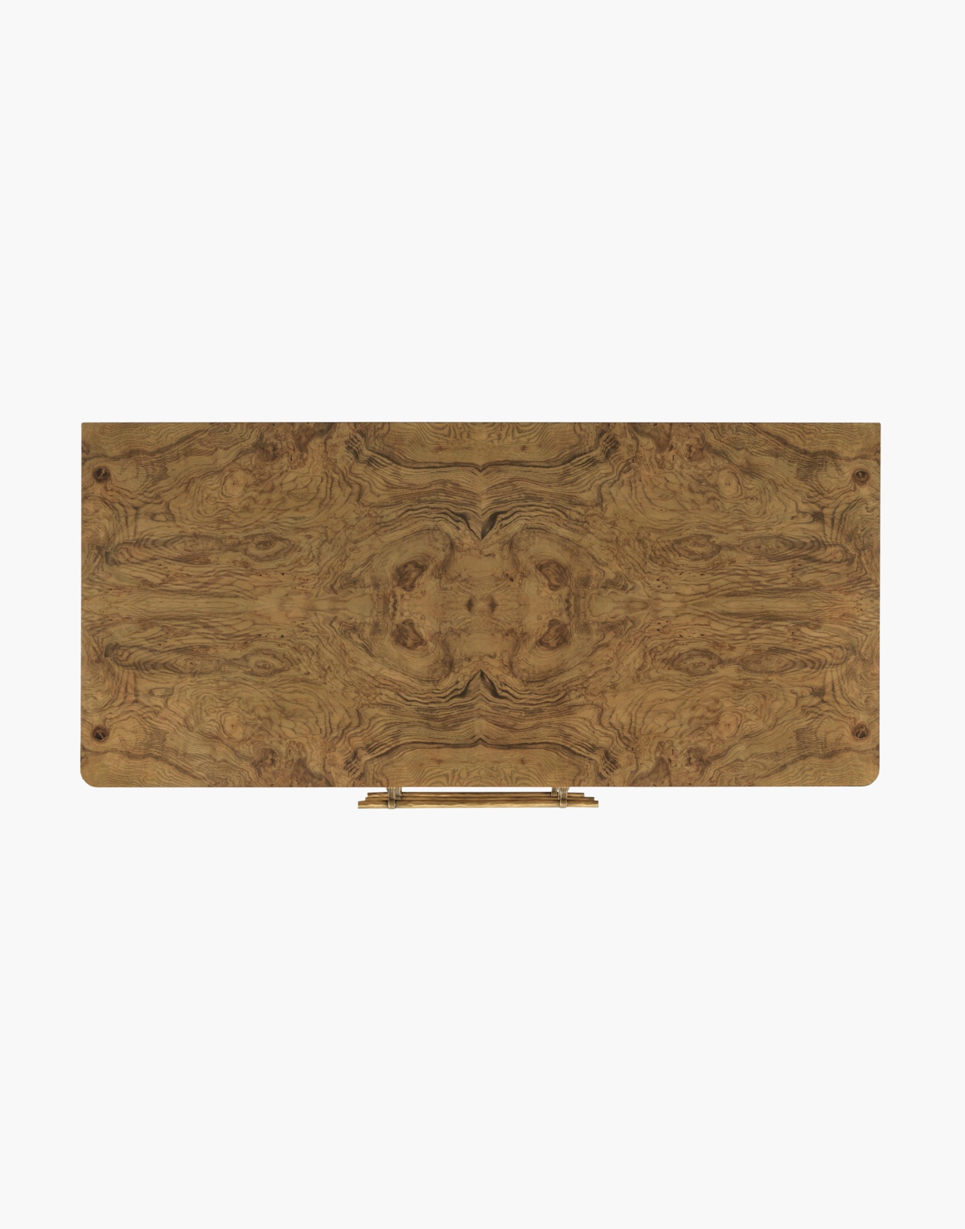 Chest in Olive Ash Burl veneer with three drawers, brass hardware, and tapered legs, suitable for bedrooms, hallways, or living rooms.