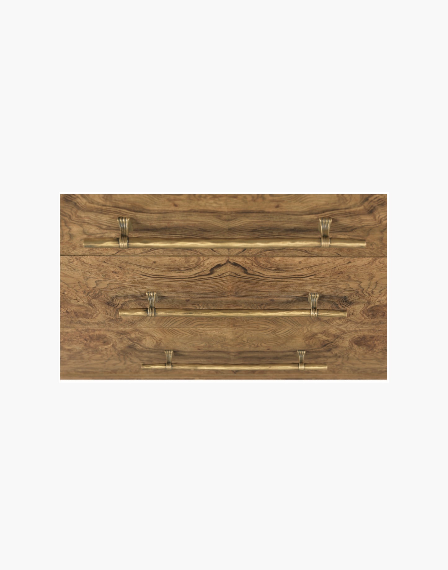 Chest in Olive Ash Burl veneer with three drawers, brass hardware, and tapered legs, suitable for bedrooms, hallways, or living rooms.