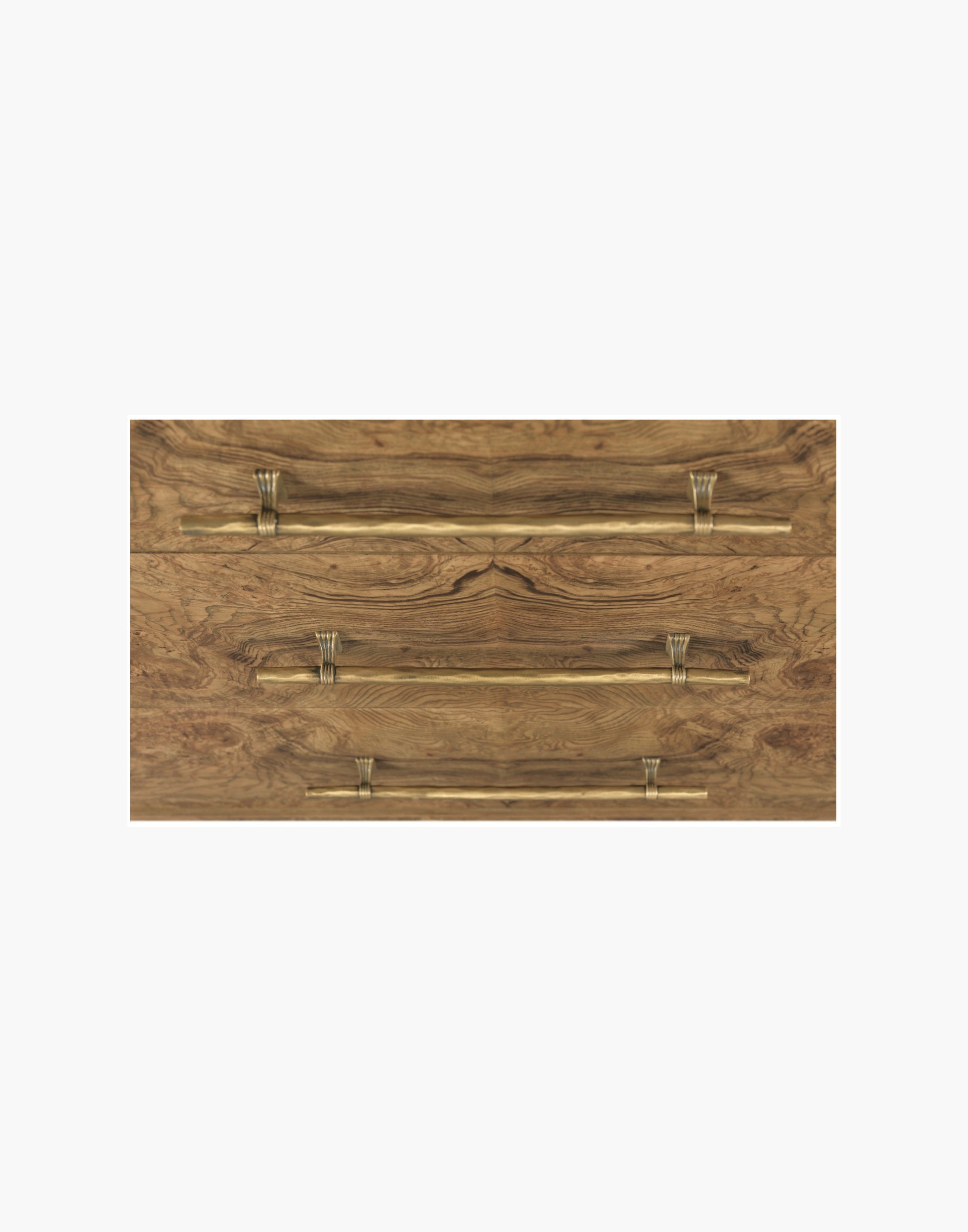 Chest in Olive Ash Burl veneer with three drawers, brass hardware, and tapered legs, suitable for bedrooms, hallways, or living rooms.