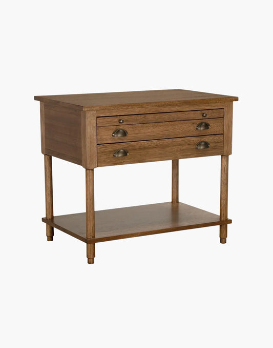 Dark walnut side table with two drawers, brass accents, and pull-out writing tray for elegant storage.
