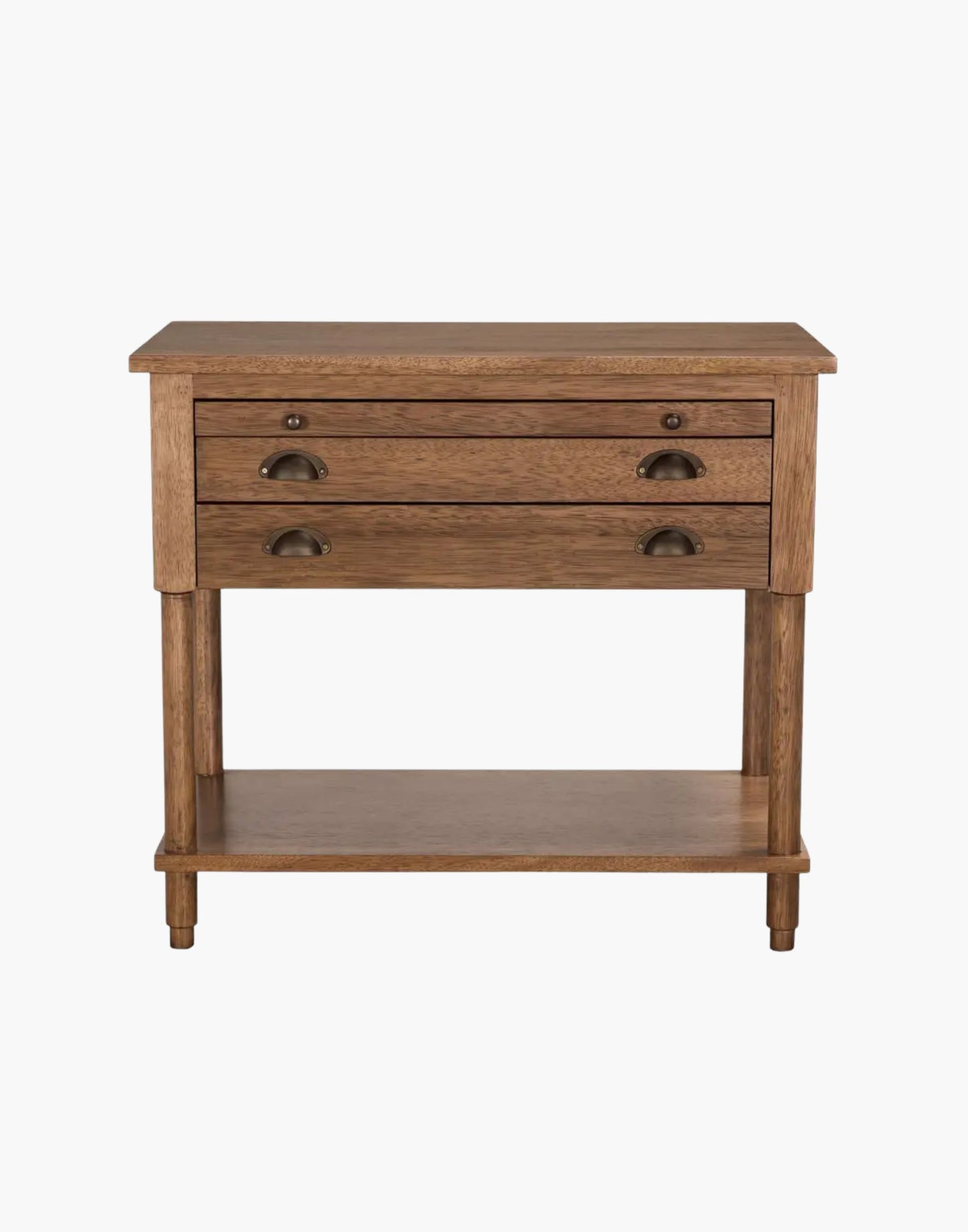 Dark walnut side table with two drawers, brass accents, and pull-out writing tray for elegant storage.