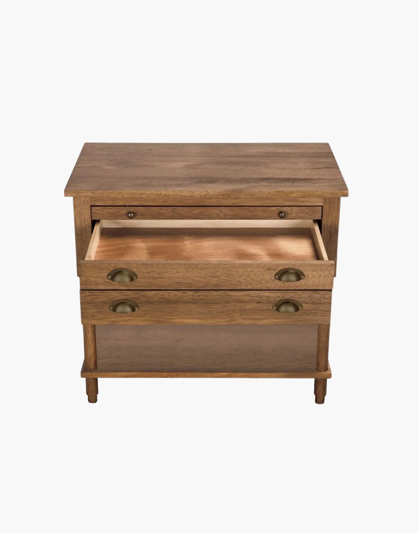 Dark walnut side table with two drawers, brass accents, and pull-out writing tray for elegant storage.