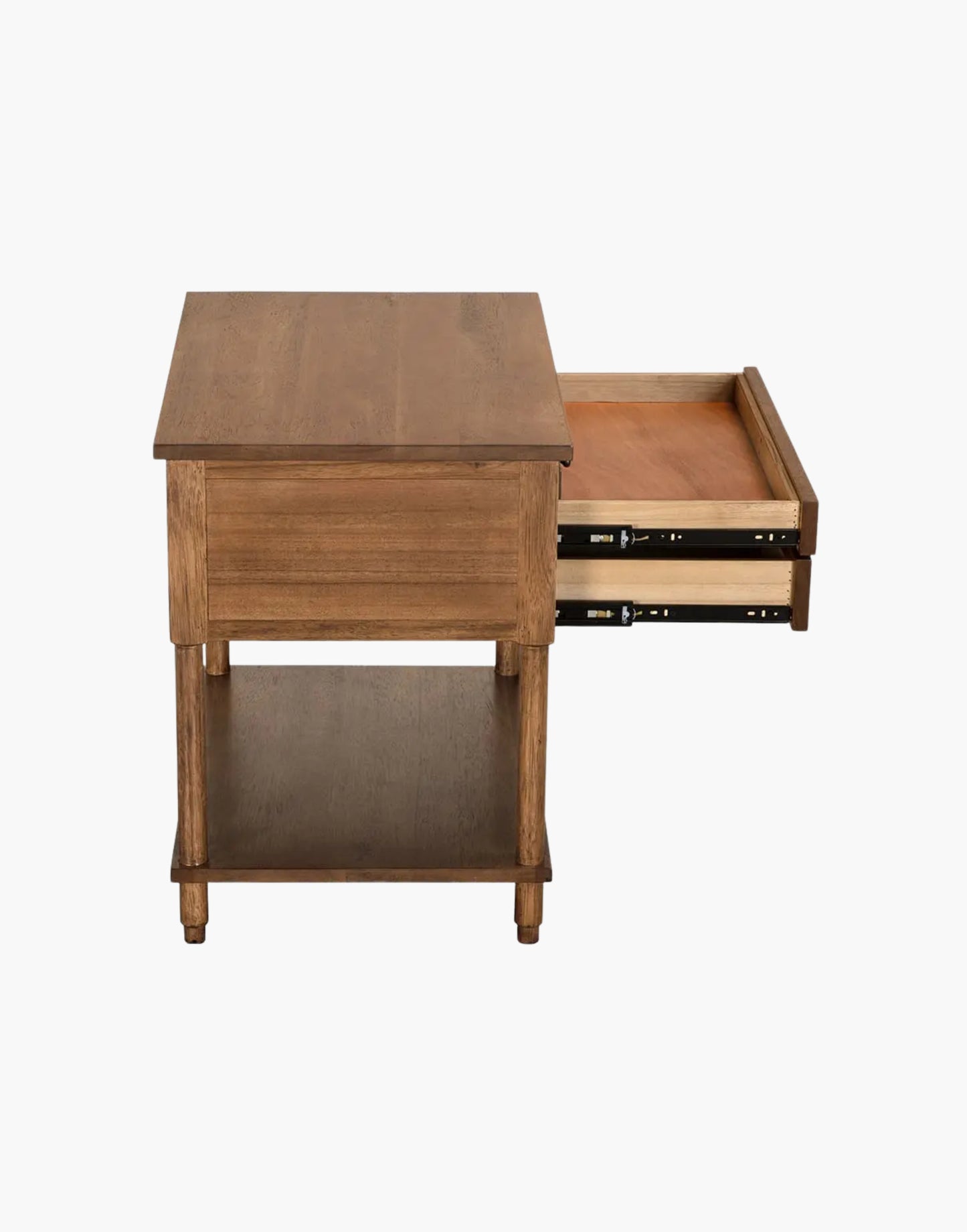 Dark walnut side table with two drawers, brass accents, and pull-out writing tray for elegant storage.