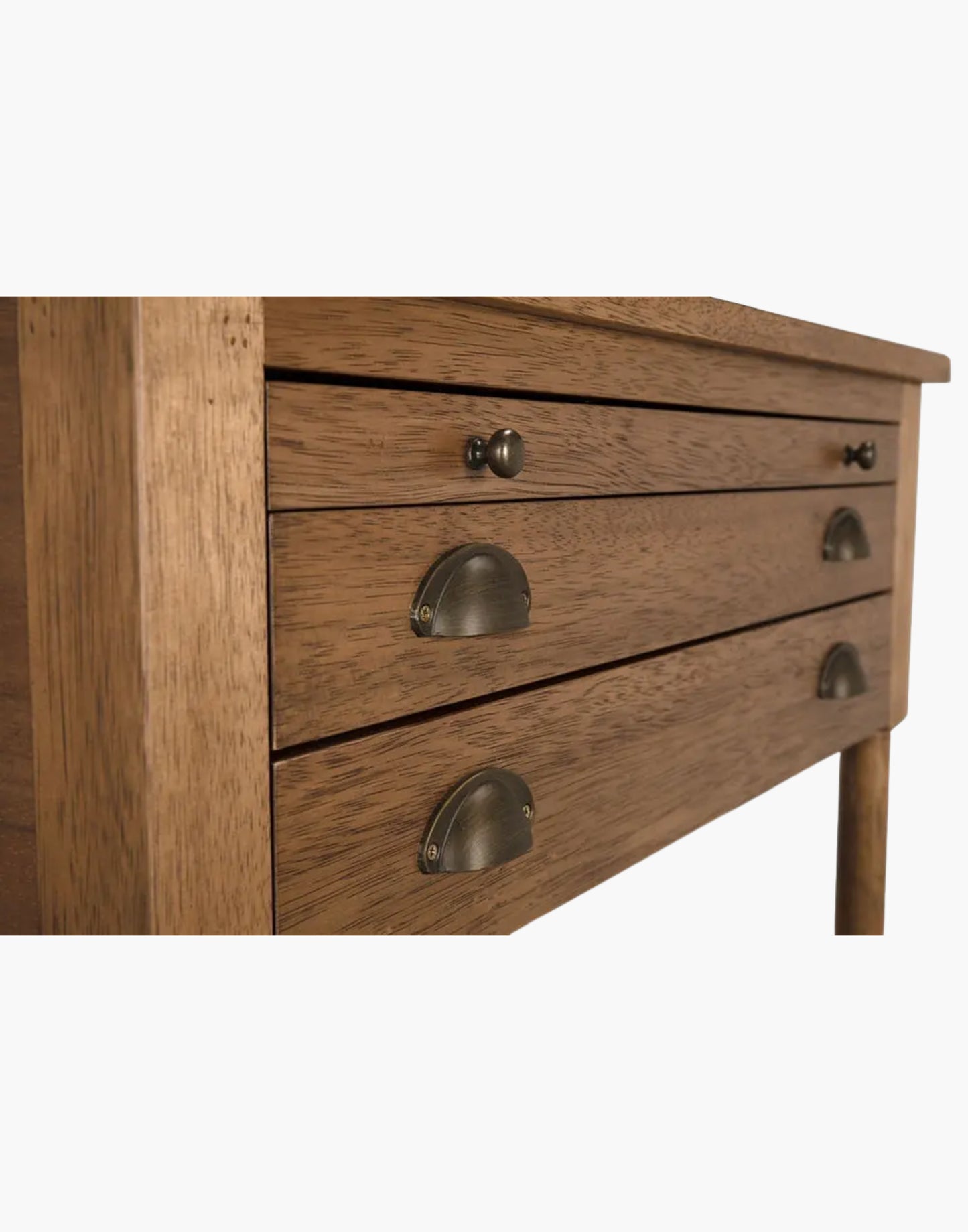 Dark walnut side table with two drawers, brass accents, and pull-out writing tray for elegant storage.