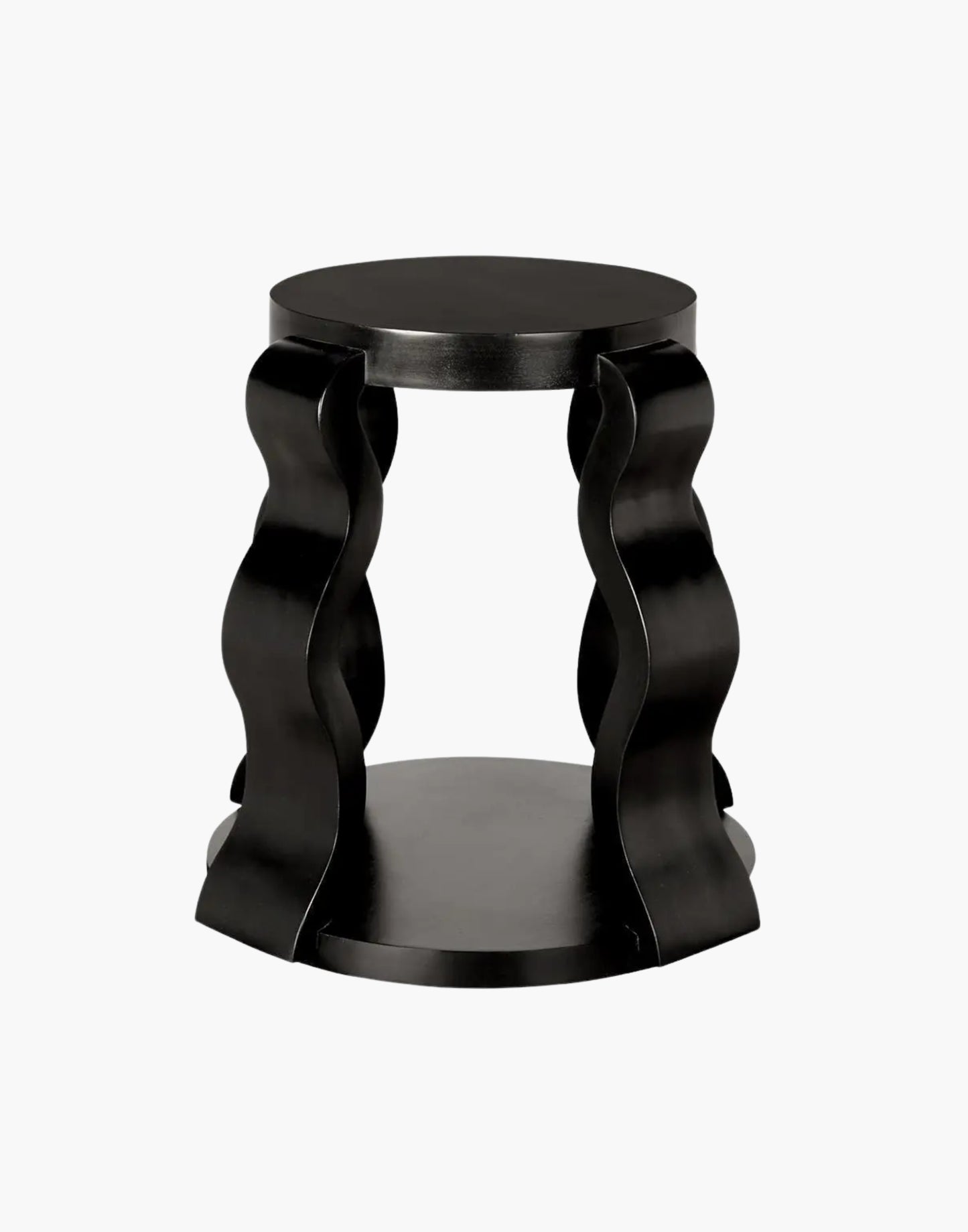 Round black side table with sculptural ribbon legs and open shelf in hand-rubbed black finish.