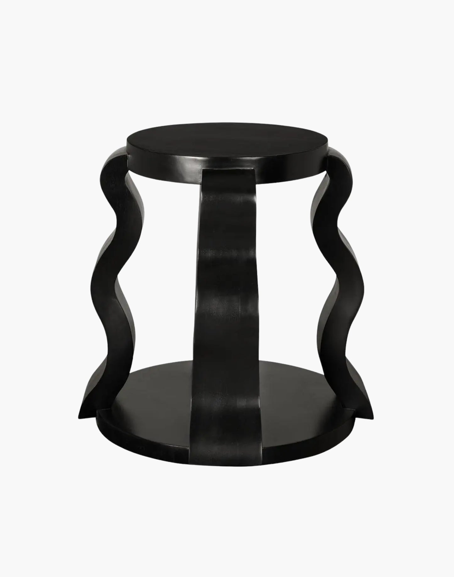 Round black side table with sculptural ribbon legs and open shelf in hand-rubbed black finish.