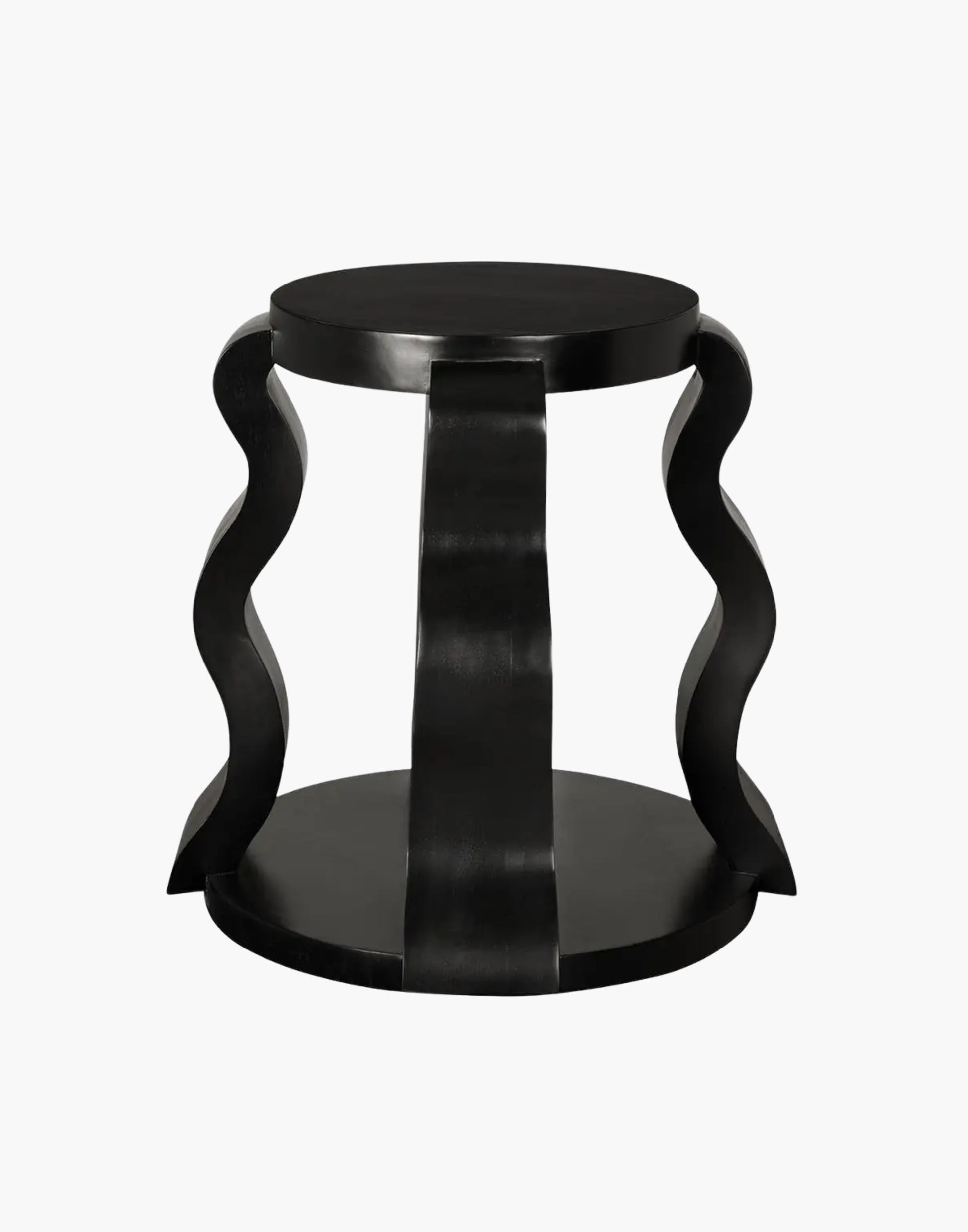 Round black side table with sculptural ribbon legs and open shelf in hand-rubbed black finish.