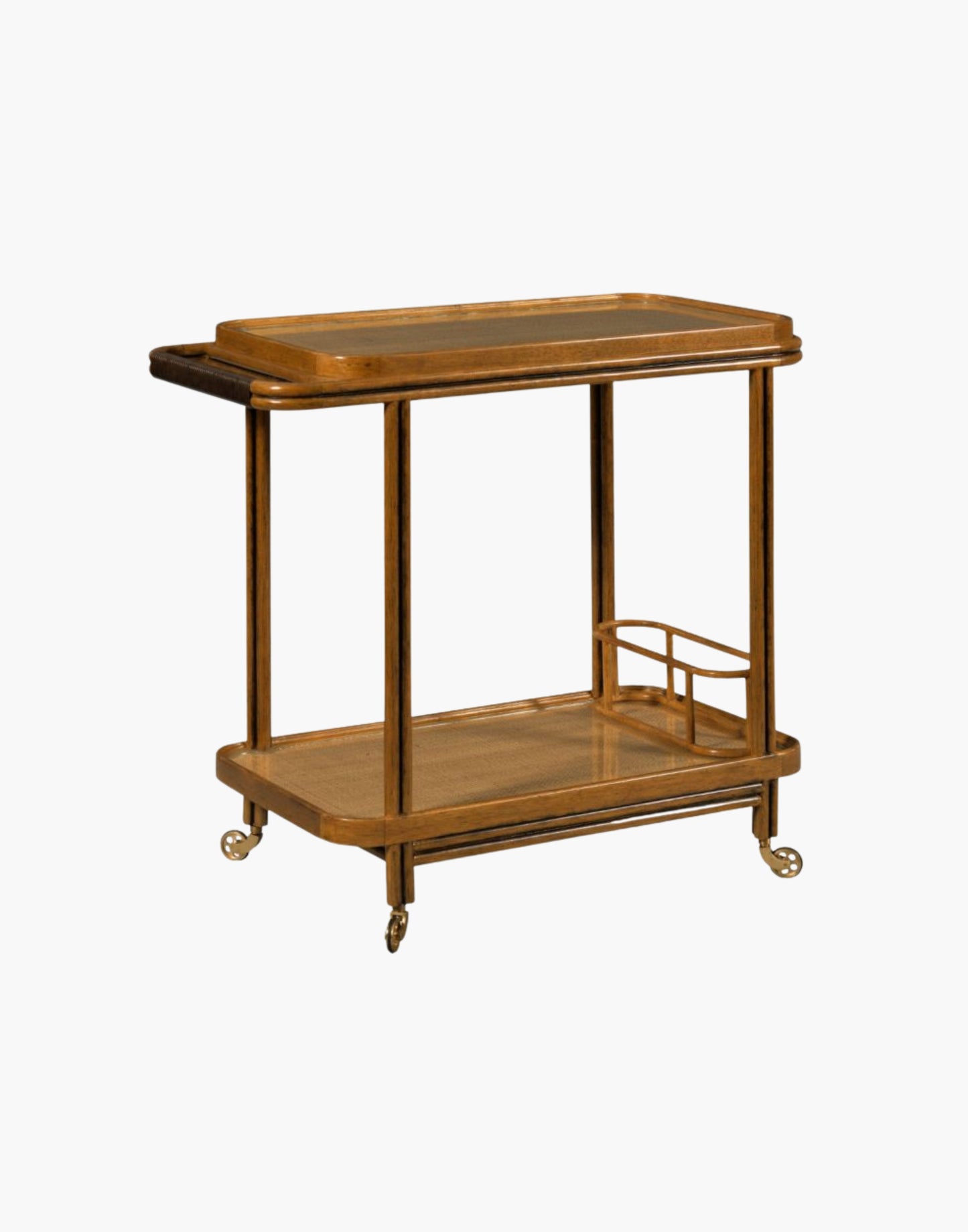 Bar cart with woven cane frame, tempered glass shelves, bottle holder, and brass casters in hazelnut finish.