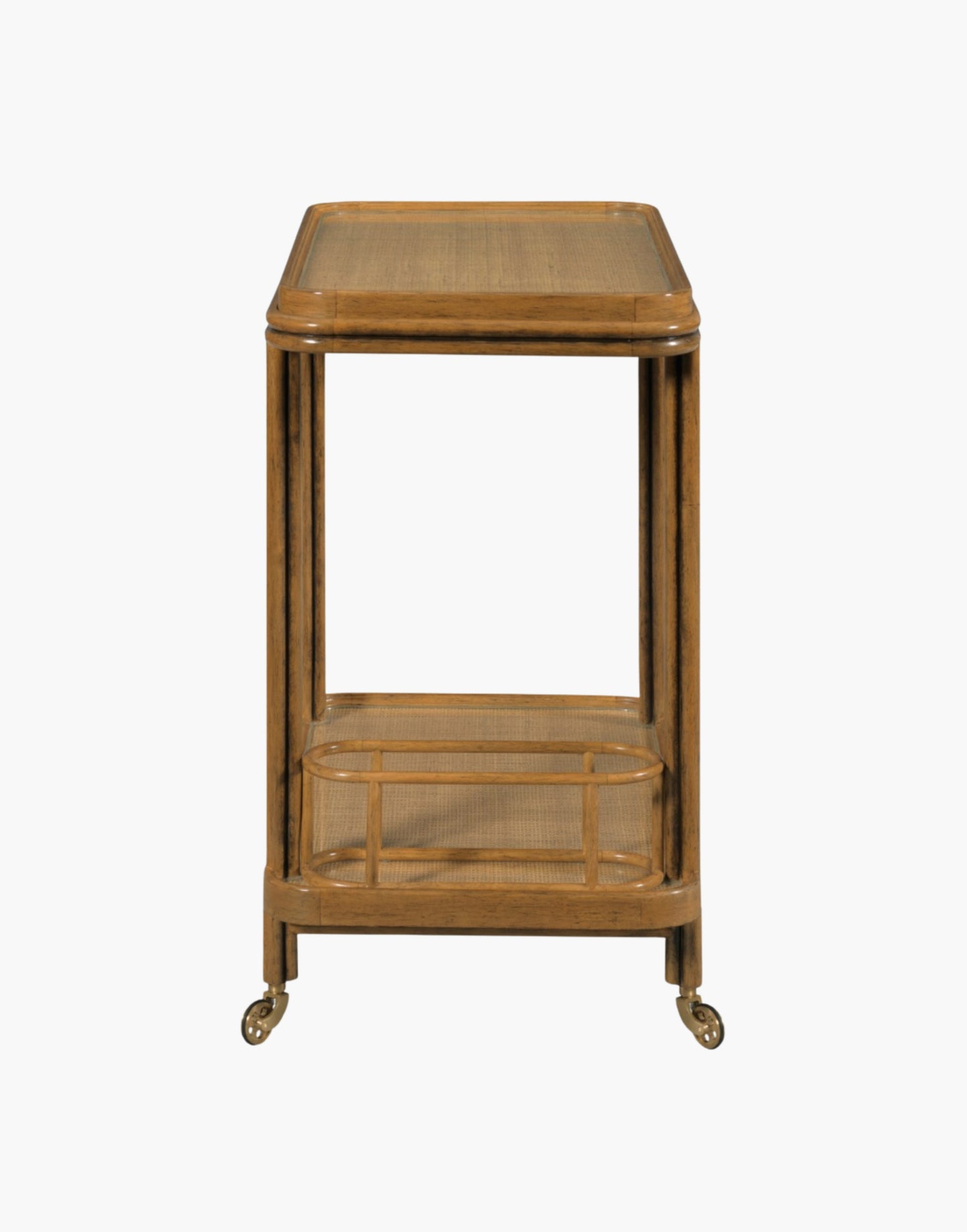 Bar cart with woven cane frame, tempered glass shelves, bottle holder, and brass casters in hazelnut finish.