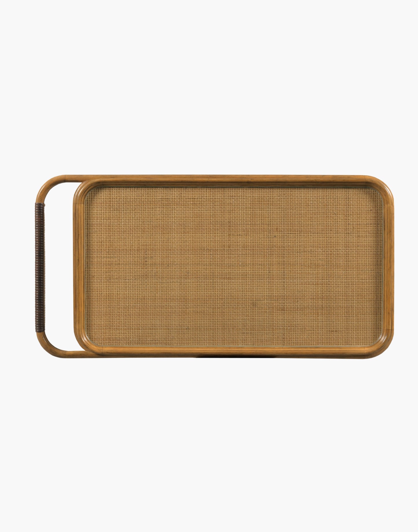 Bar cart with woven cane frame, tempered glass shelves, bottle holder, and brass casters in hazelnut finish.