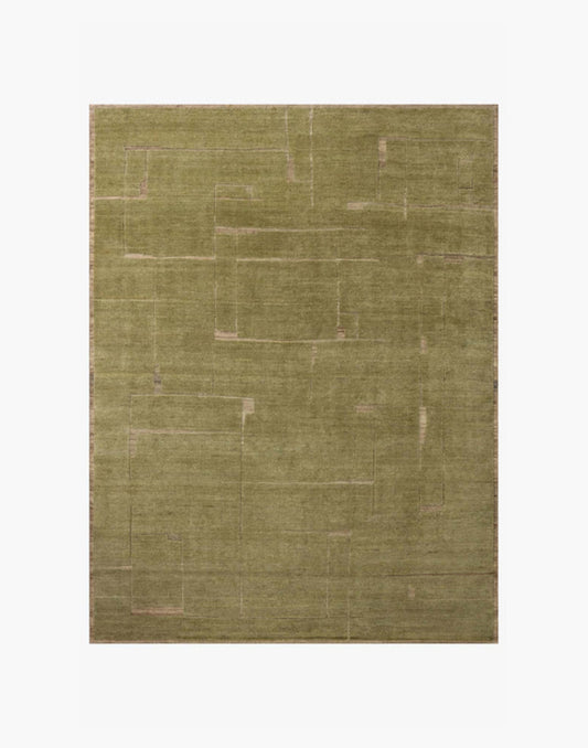 Hand-knotted wool and cotton rug in natural and moss tones