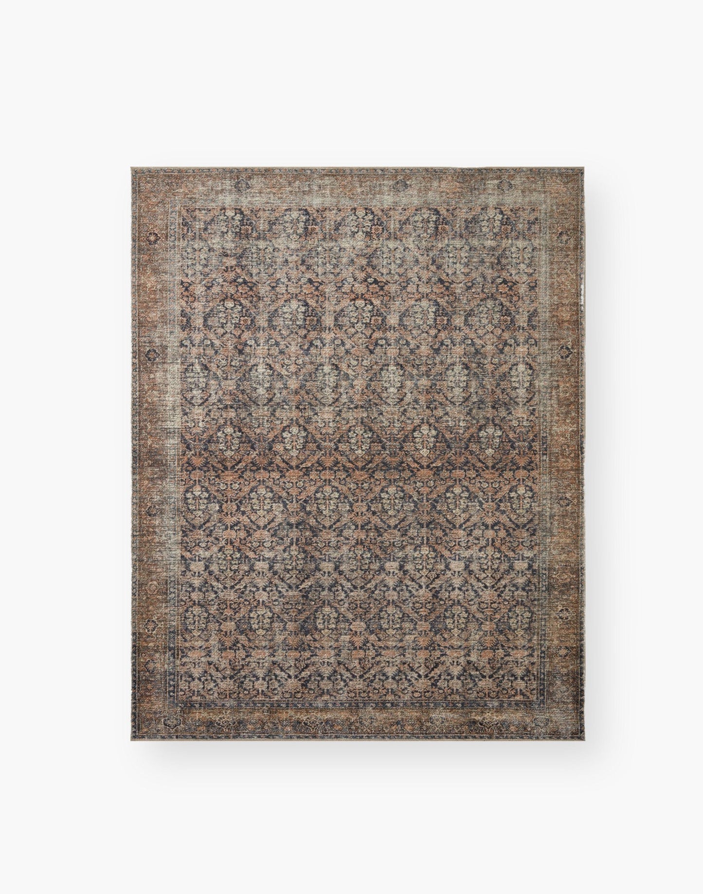Ink and Salmon colored rug with a well-worn antique look.