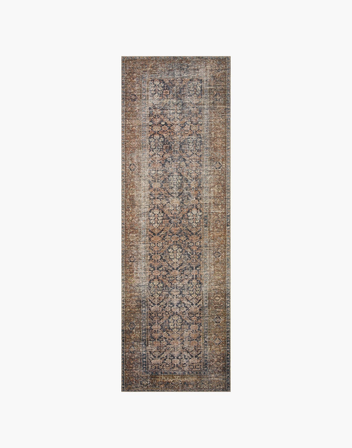 Ink and Salmon colored rug with a well-worn antique look.