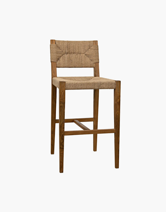 Teak counter stool with handwoven Danish cord seat and back, tapered legs, and natural wood finish, ideal for kitchen island or breakfast bar seating