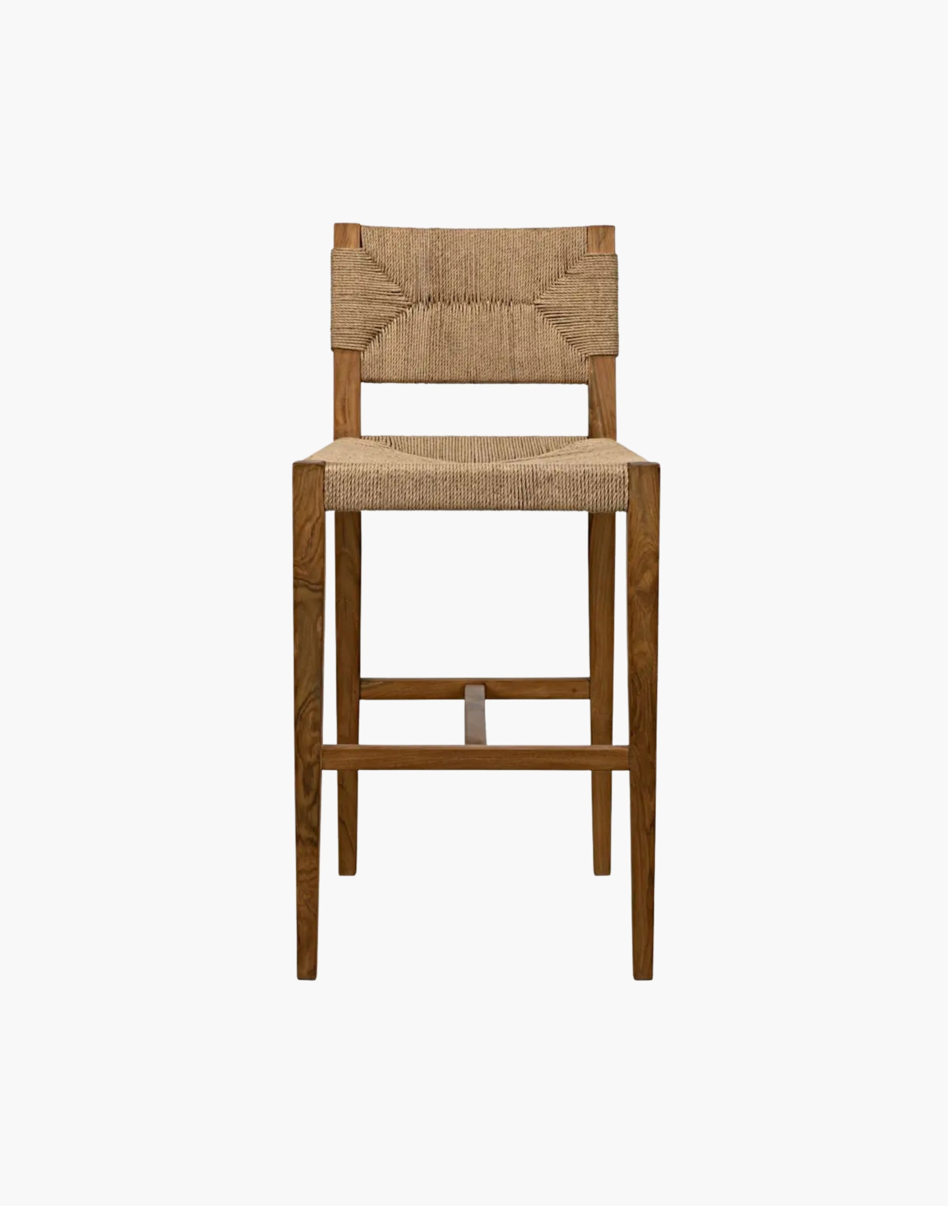 Teak counter stool with handwoven Danish cord seat and back, tapered legs, and natural wood finish, ideal for kitchen island or breakfast bar seating