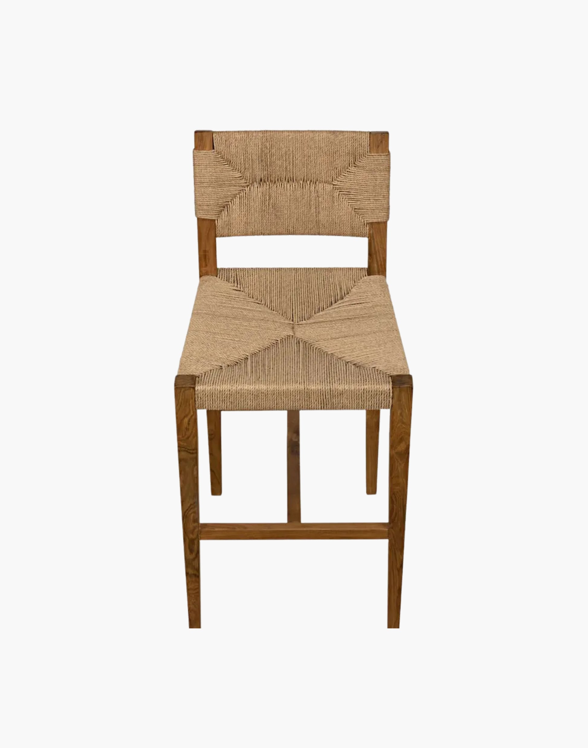 Teak counter stool with handwoven Danish cord seat and back, tapered legs, and natural wood finish, ideal for kitchen island or breakfast bar seating