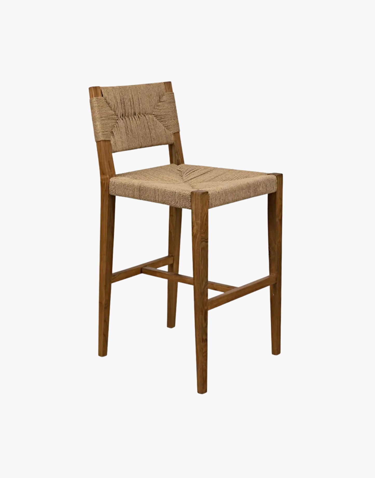 Teak counter stool with handwoven Danish cord seat and back, tapered legs, and natural wood finish, ideal for kitchen island or breakfast bar seating