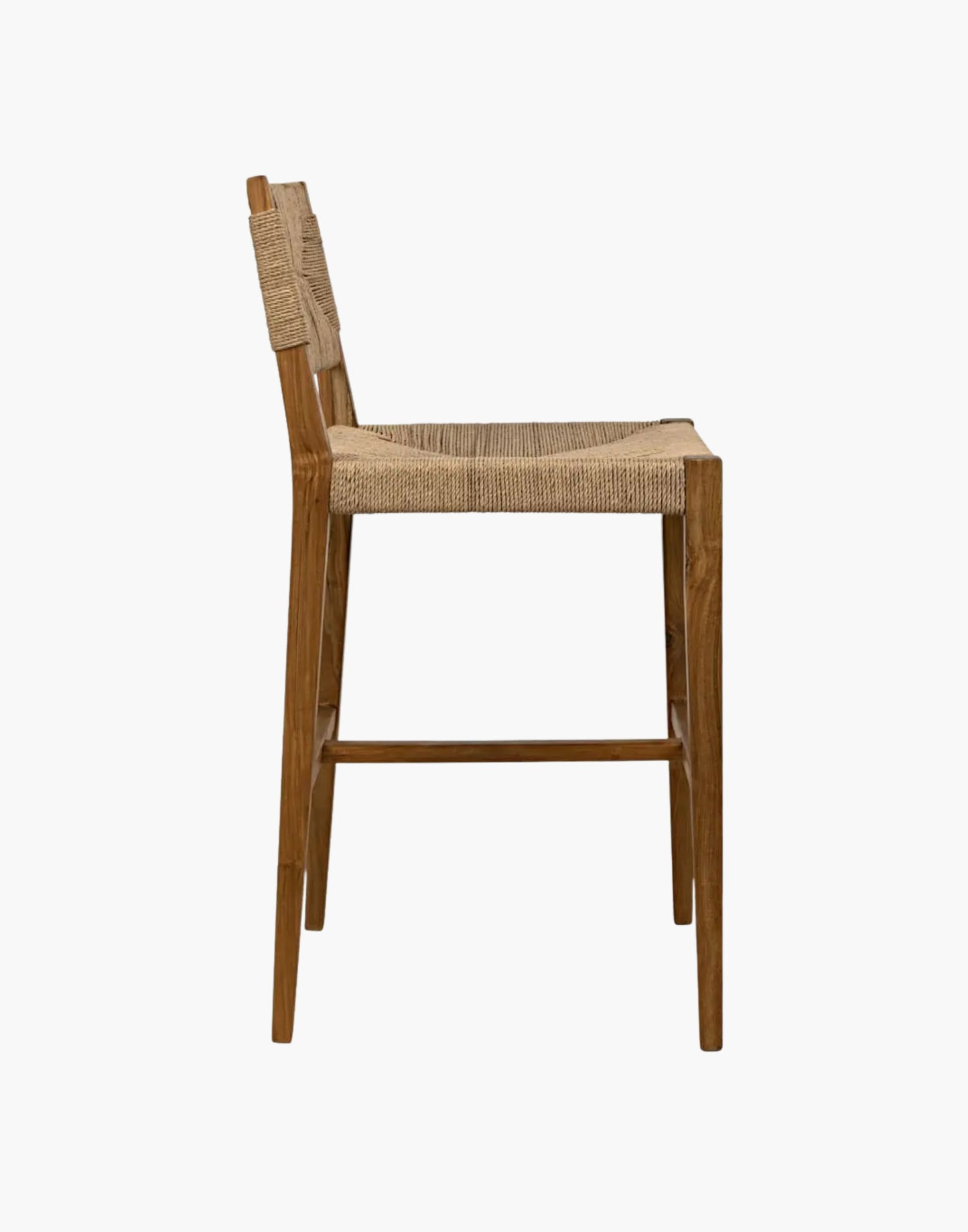 Teak counter stool with handwoven Danish cord seat and back, tapered legs, and natural wood finish, ideal for kitchen island or breakfast bar seating