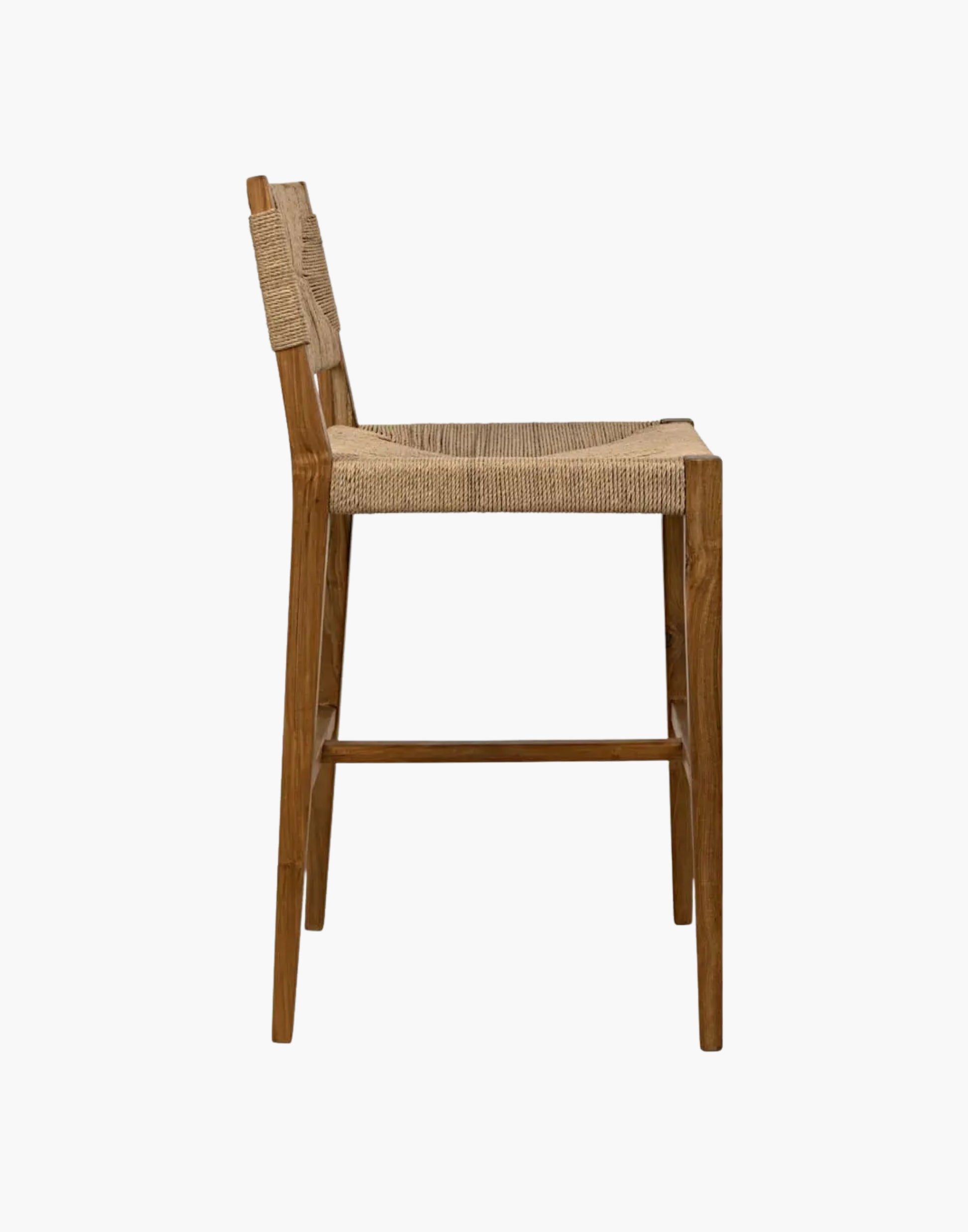 Teak counter stool with handwoven Danish cord seat and back, tapered legs, and natural wood finish, ideal for kitchen island or breakfast bar seating